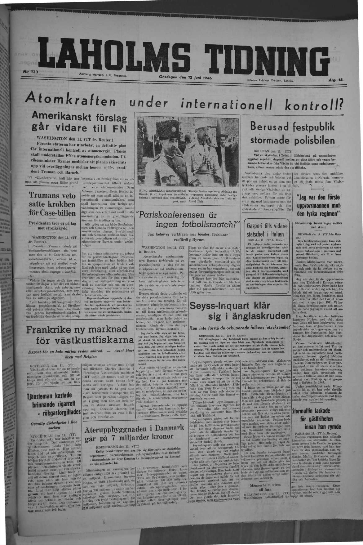 Laholms Tidning Onsdag 12 juni 1946, sida 1