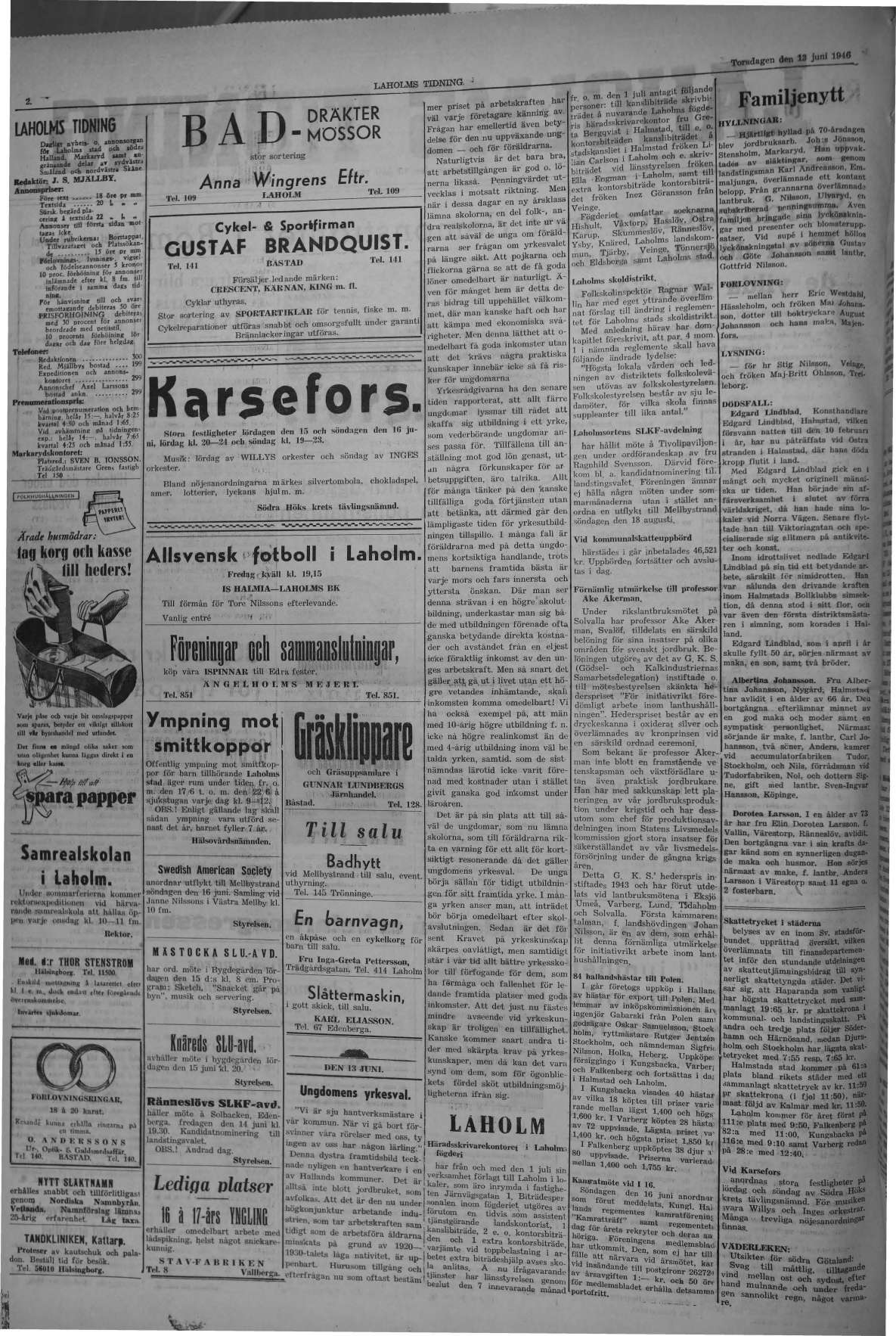 Laholms Tidning Torsdag 13 juni 1946, sida 2
