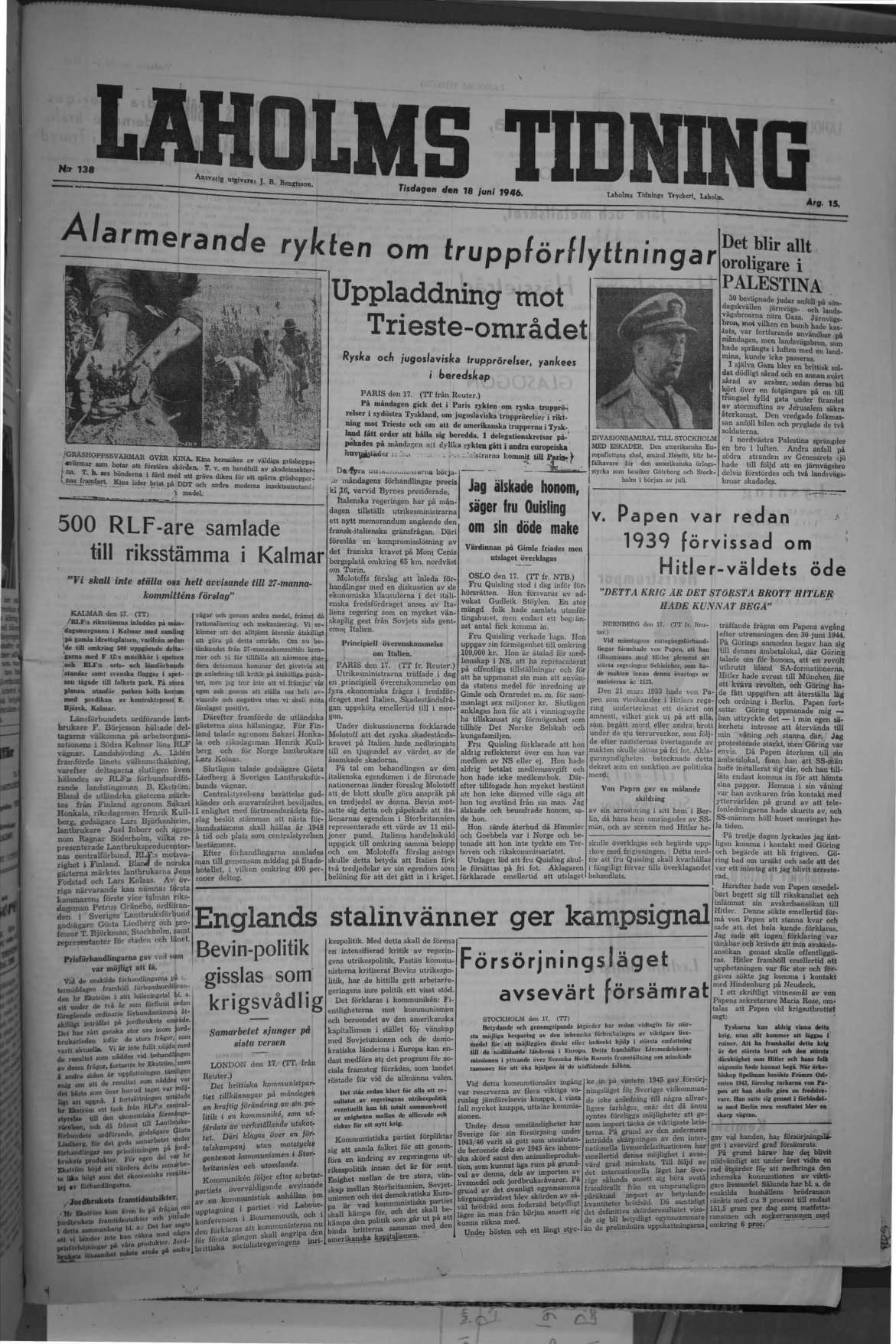 Laholms Tidning Tisdag 18 juni 1946, sida 1