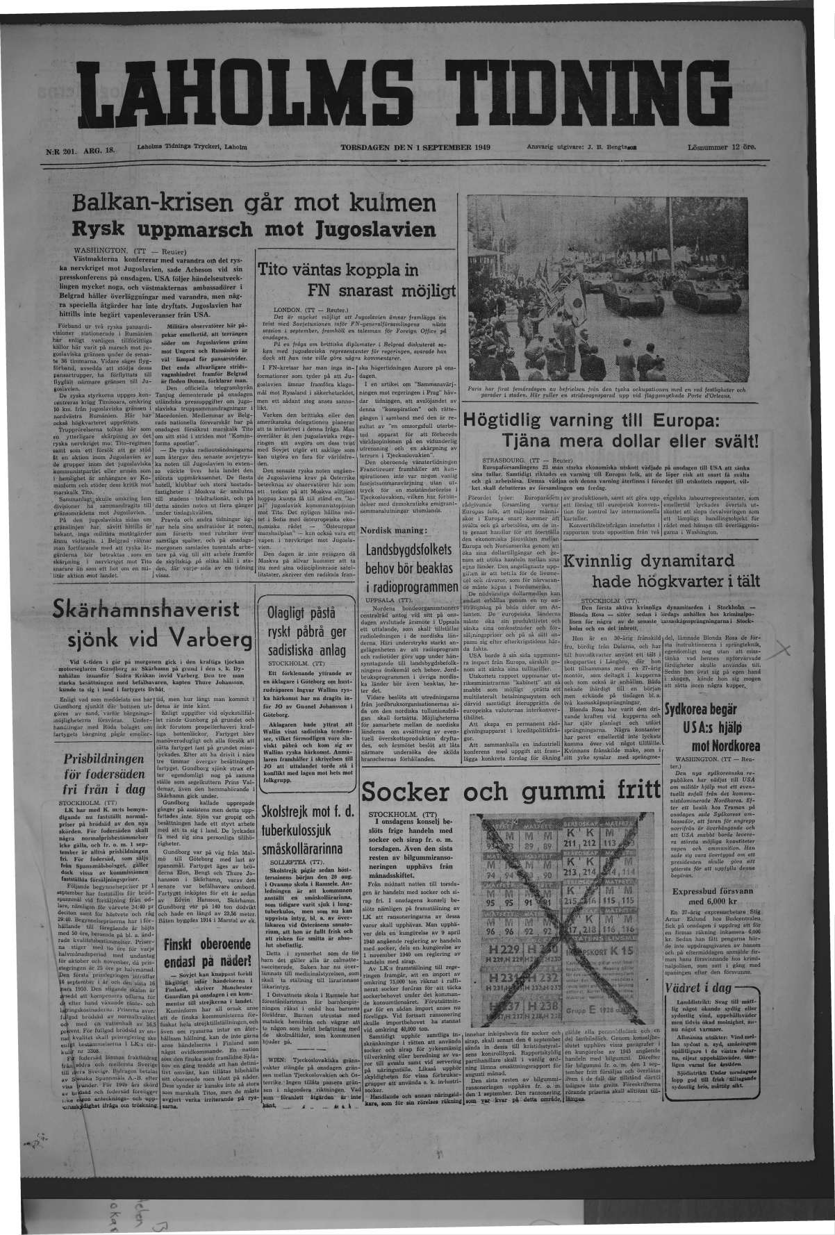 Laholms Tidning Torsdag 1 september 1949, sida 1