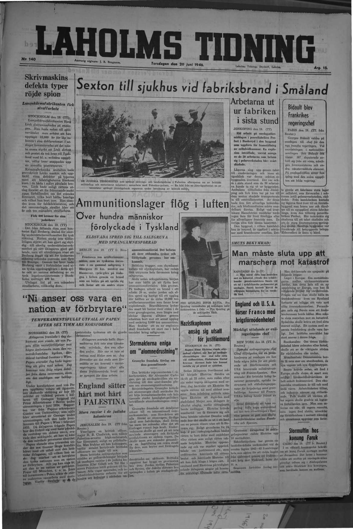 Laholms Tidning Torsdag 20 juni 1946, sida 1