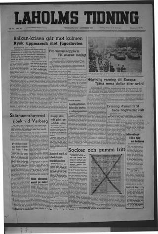 Förstasidan, Torsdag 1 september 1949