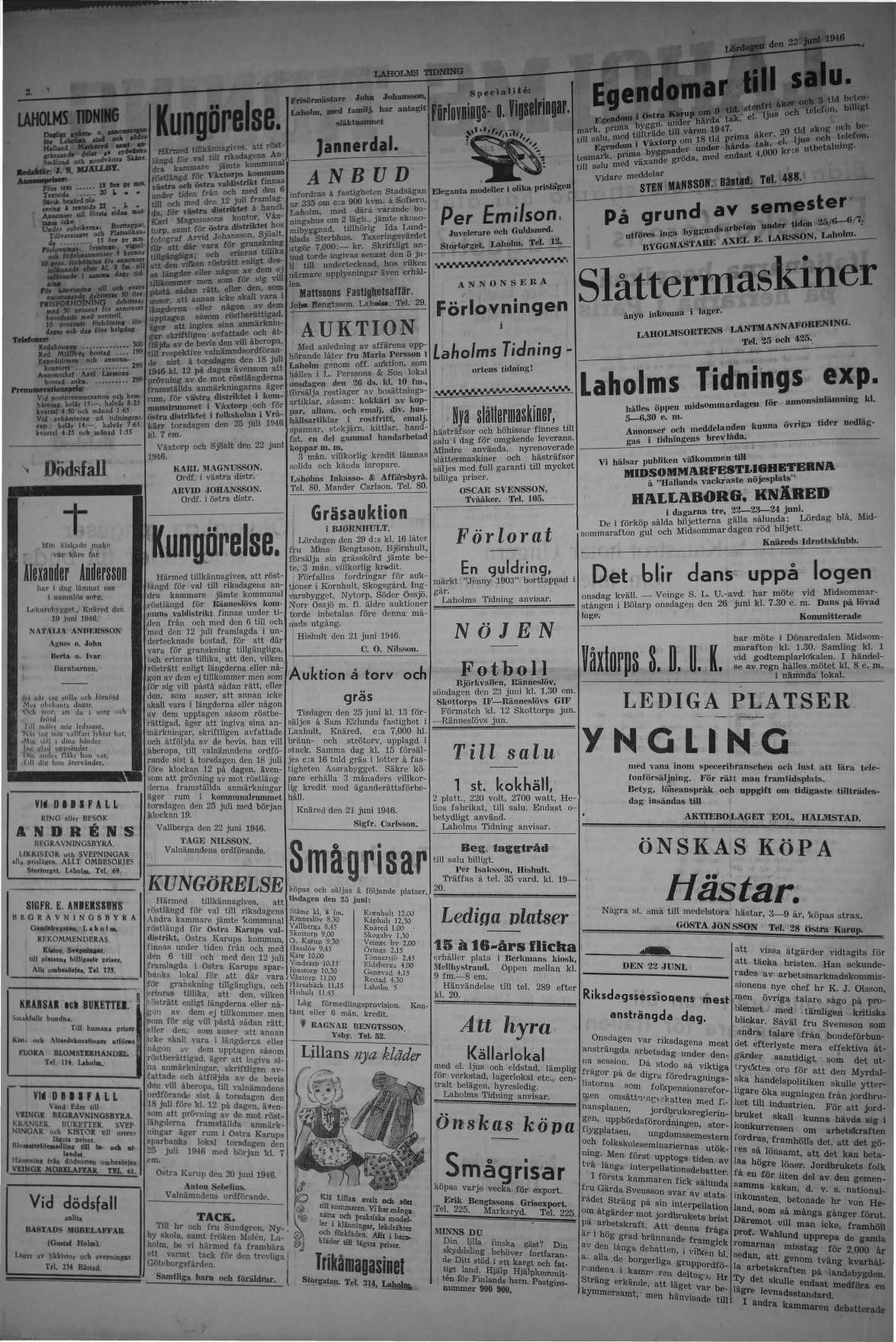 Laholms Tidning Lördag 22 juni 1946, sida 2