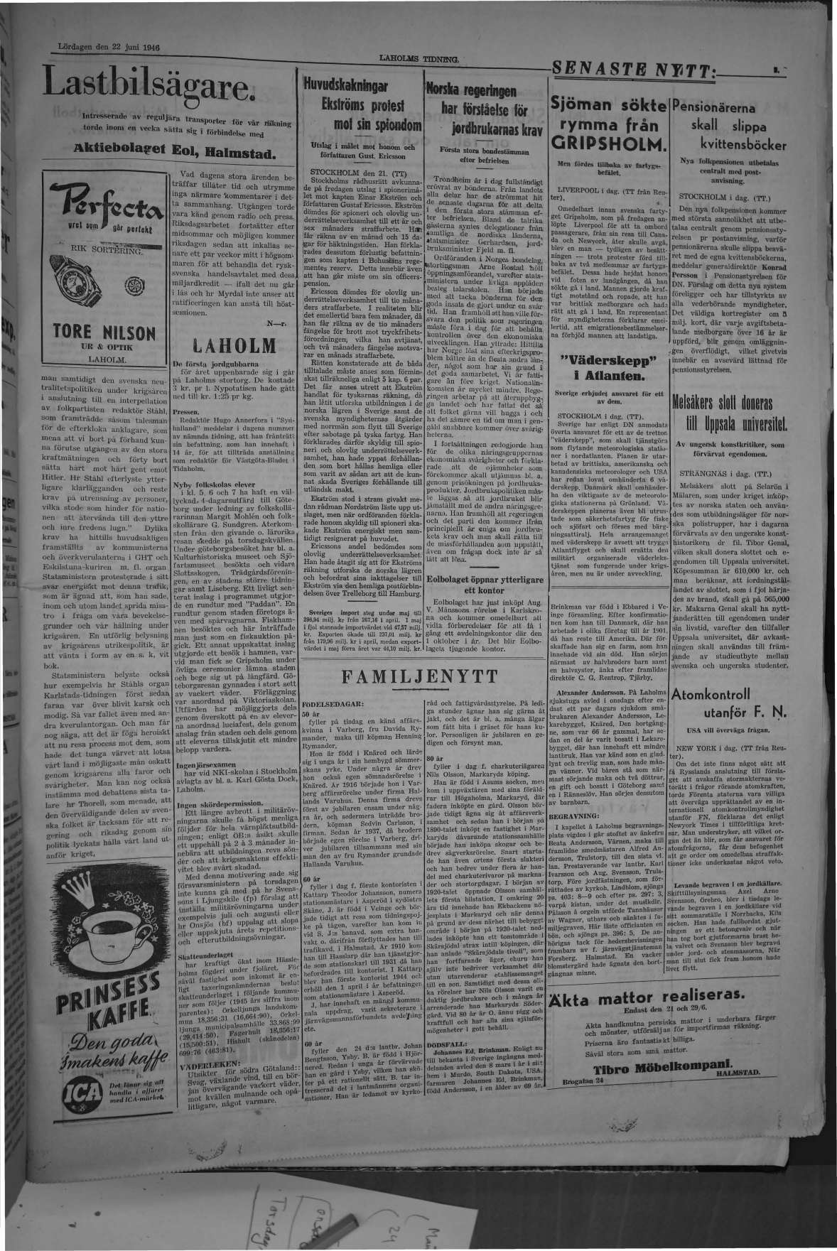 Laholms Tidning Lördag 22 juni 1946, sida 3