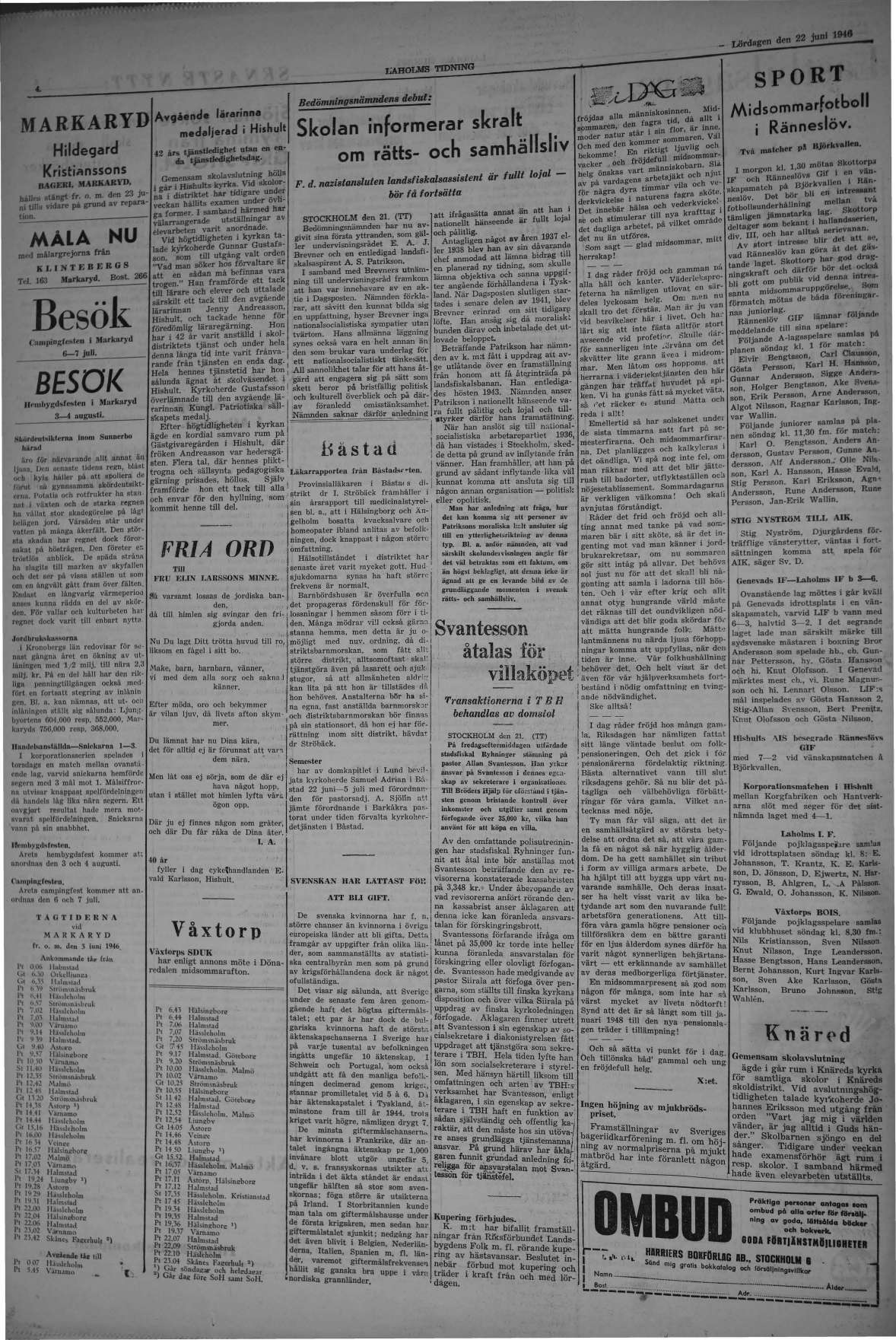 Laholms Tidning Lördag 22 juni 1946, sida 4