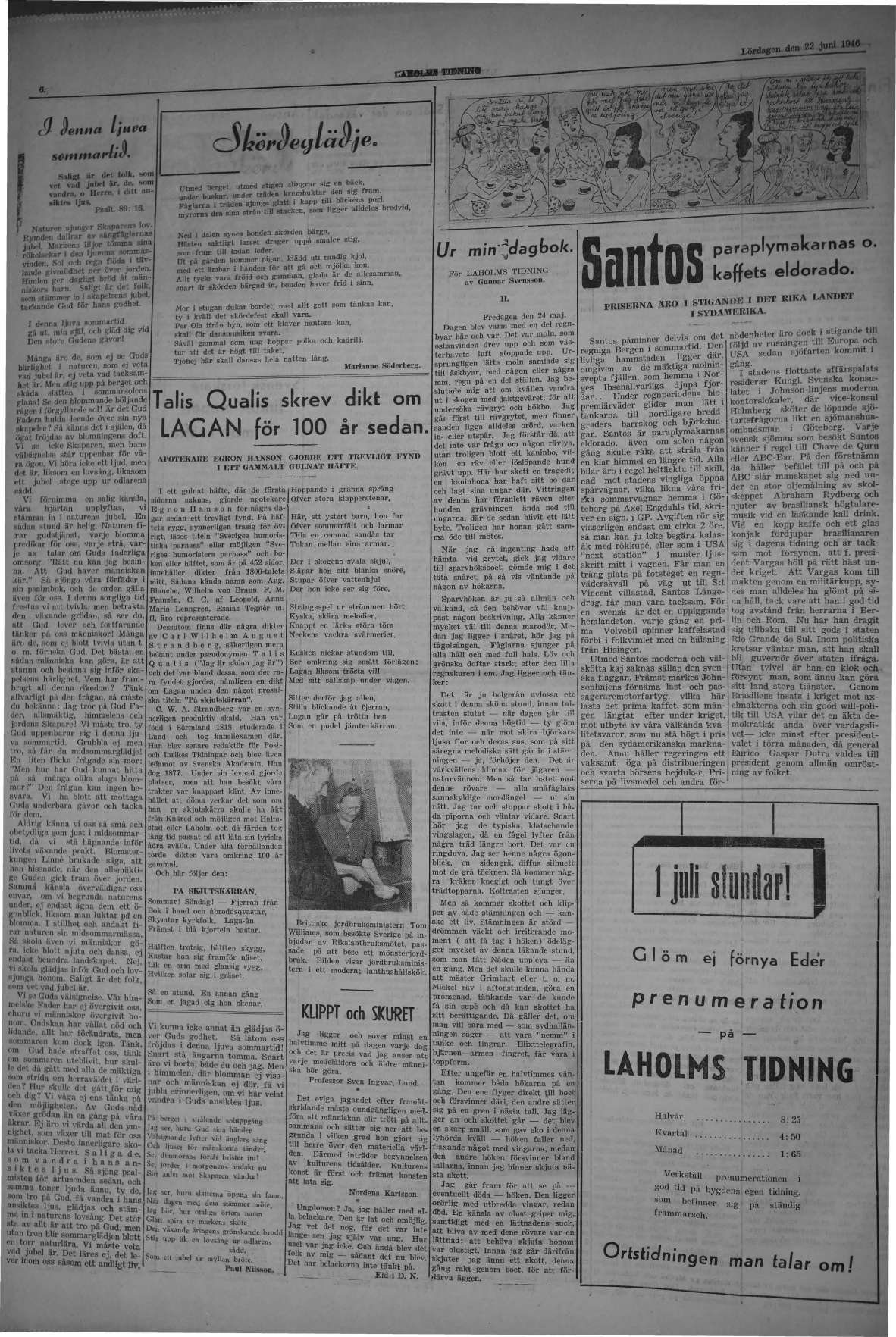 Laholms Tidning Lördag 22 juni 1946, sida 6