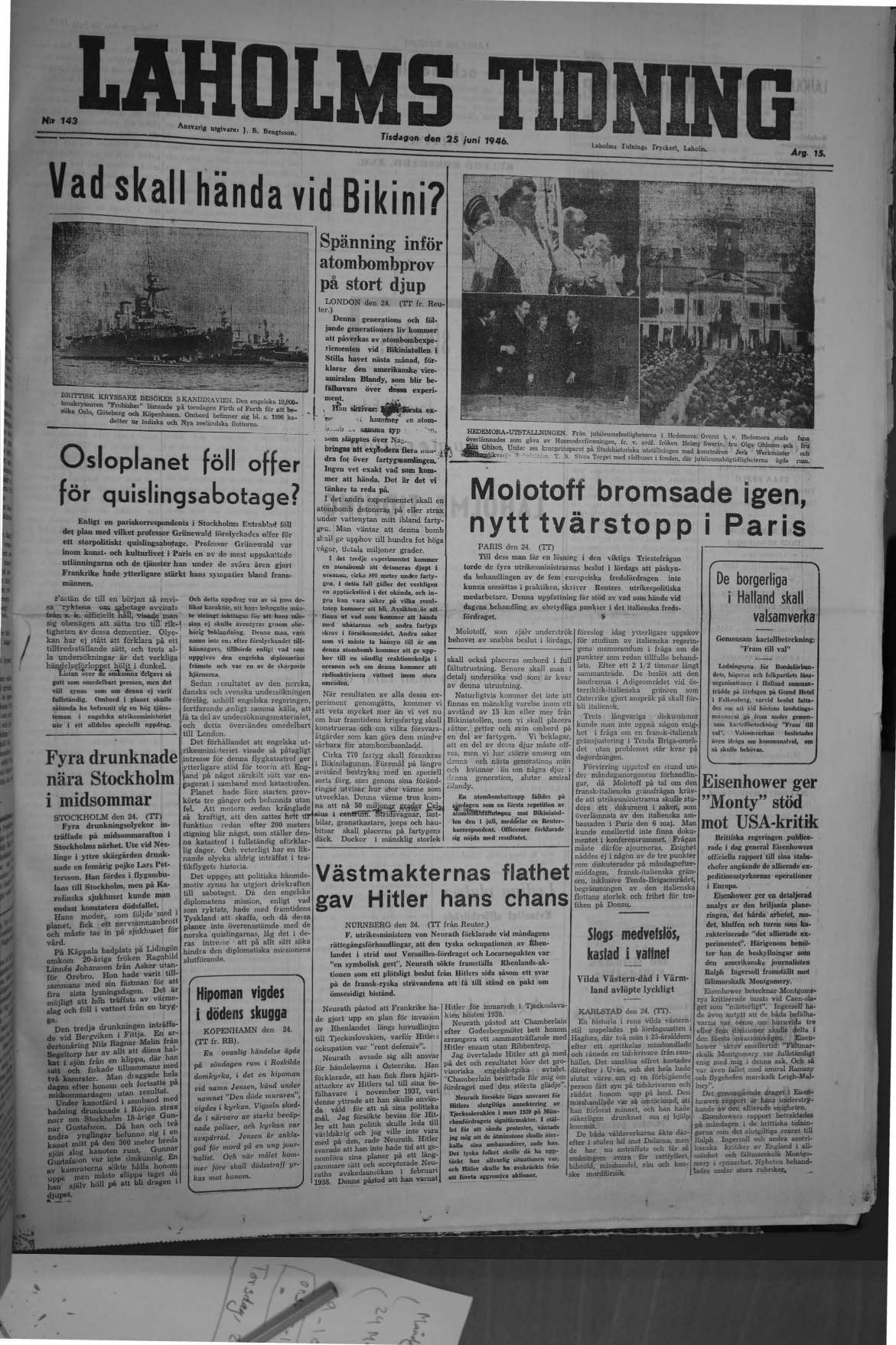 Laholms Tidning Tisdag 25 juni 1946, sida 1