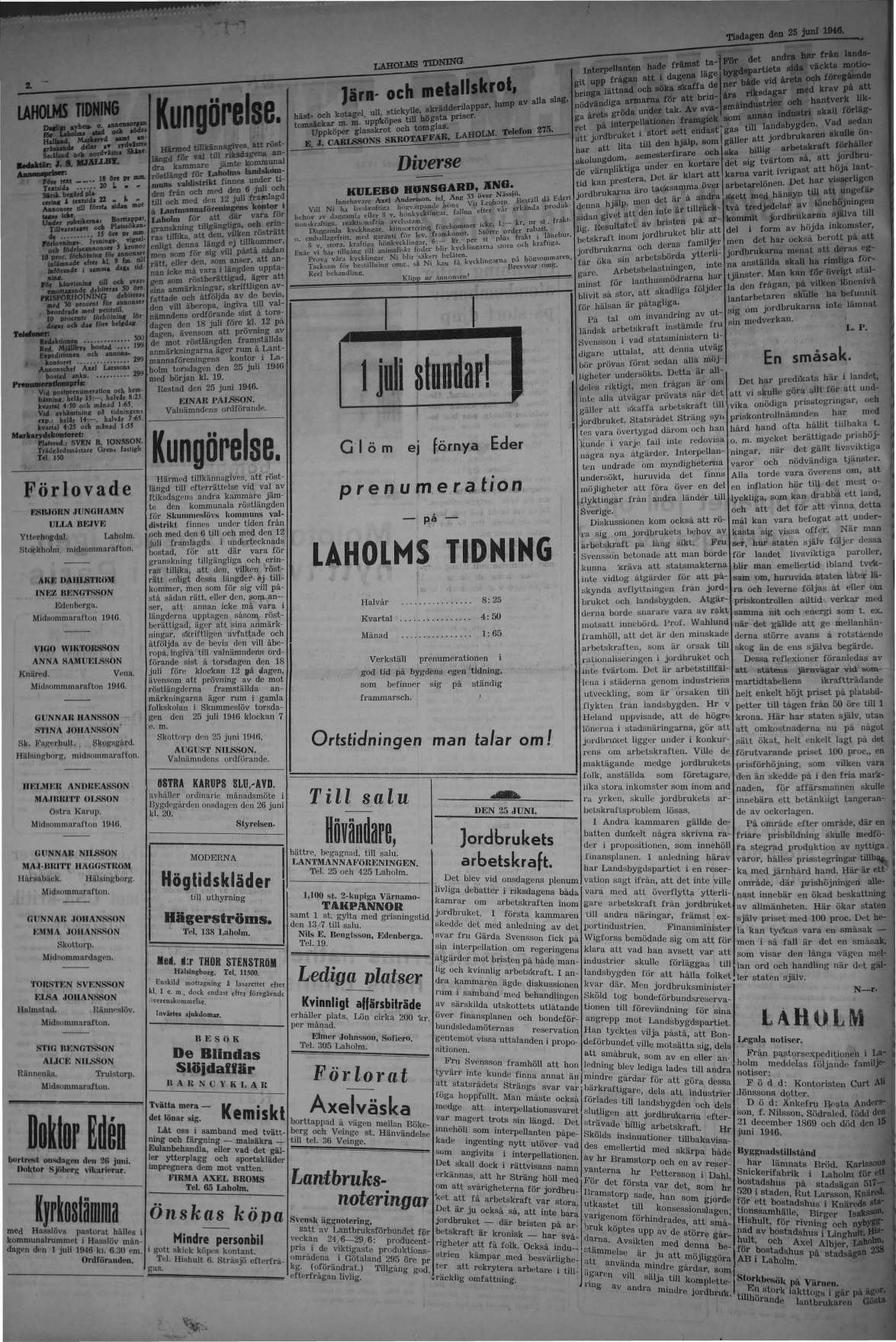 Laholms Tidning Tisdag 25 juni 1946, sida 2