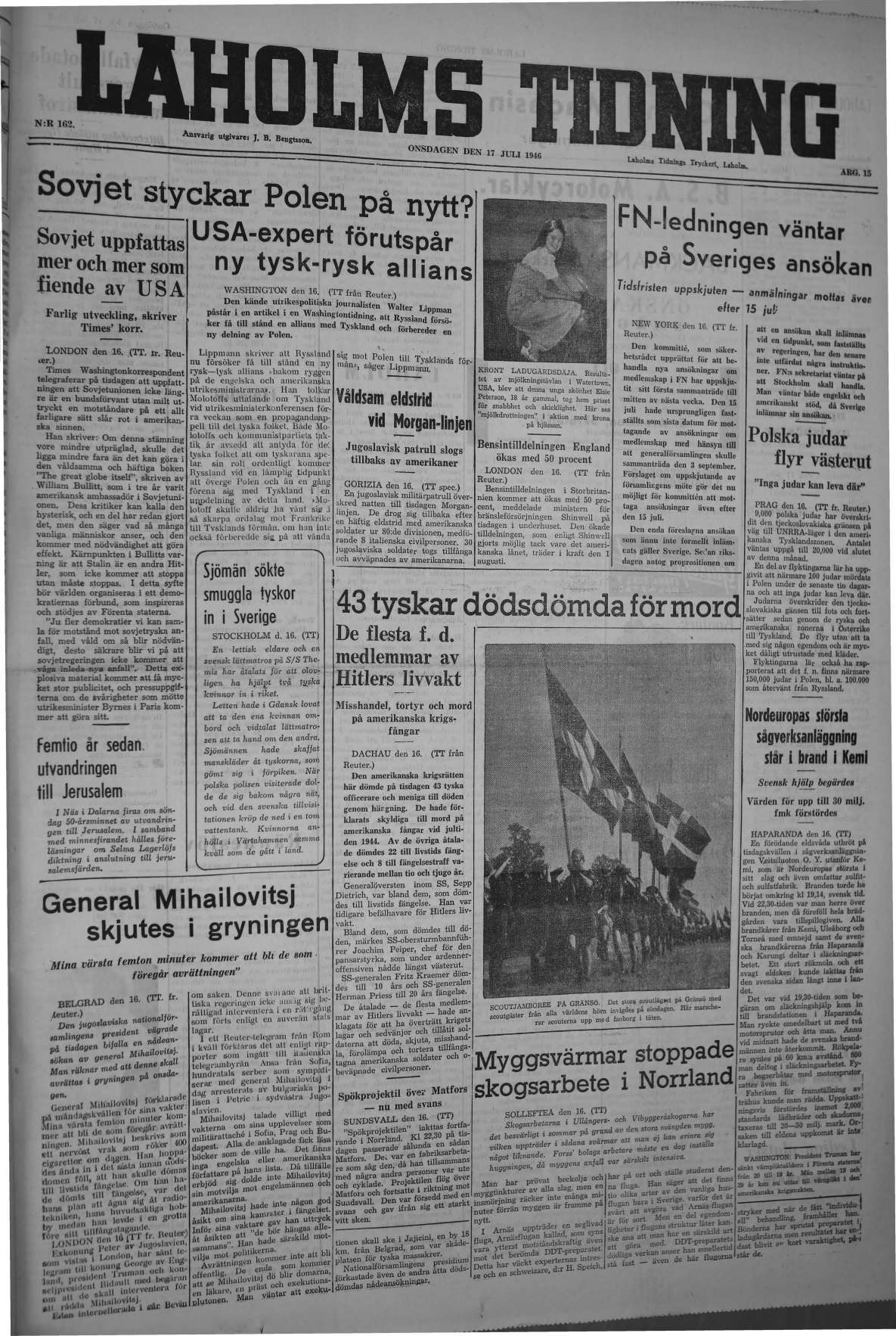 Laholms Tidning Onsdag 17 juli 1946, sida 1