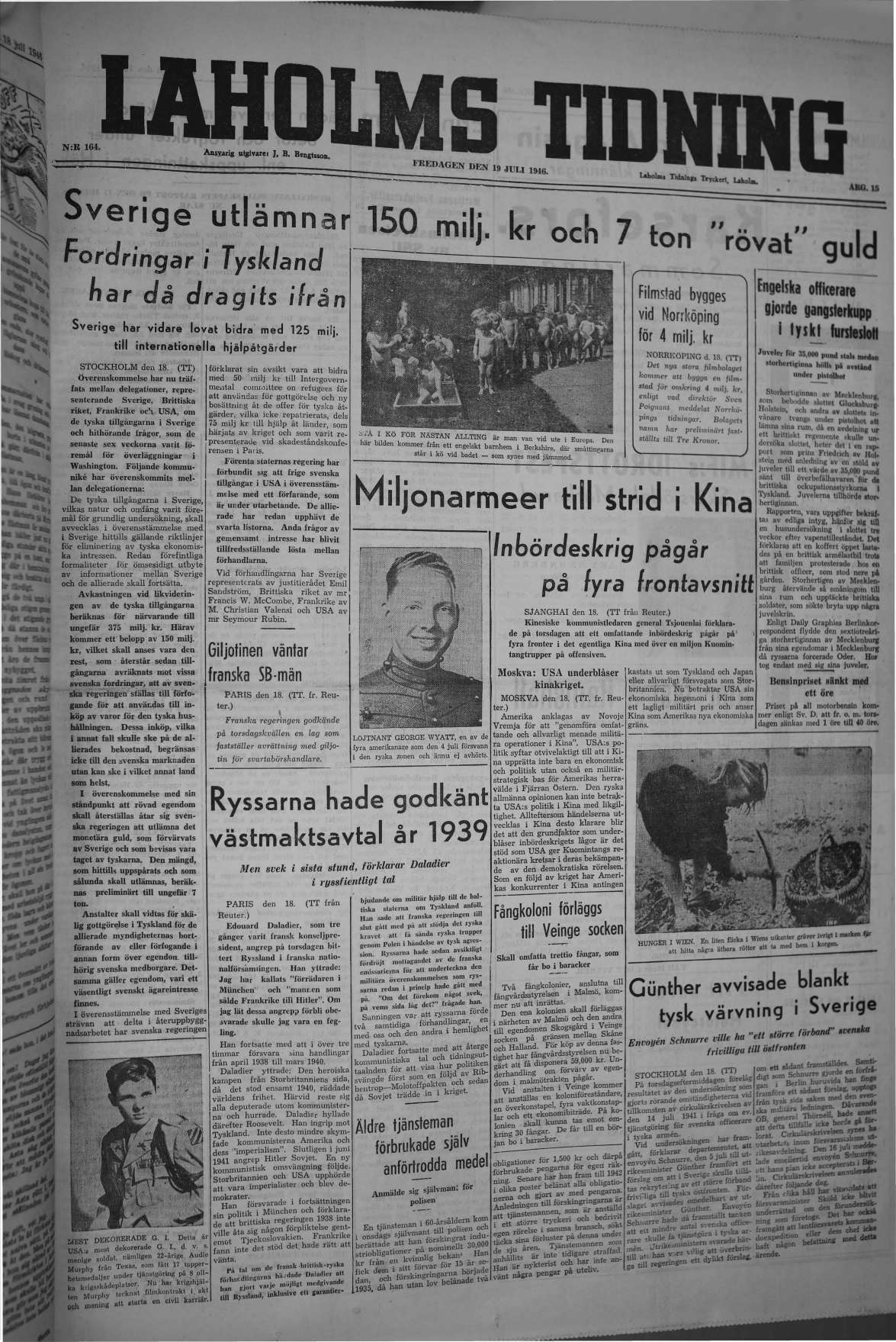 Laholms Tidning Fredag 19 juli 1946, sida 1