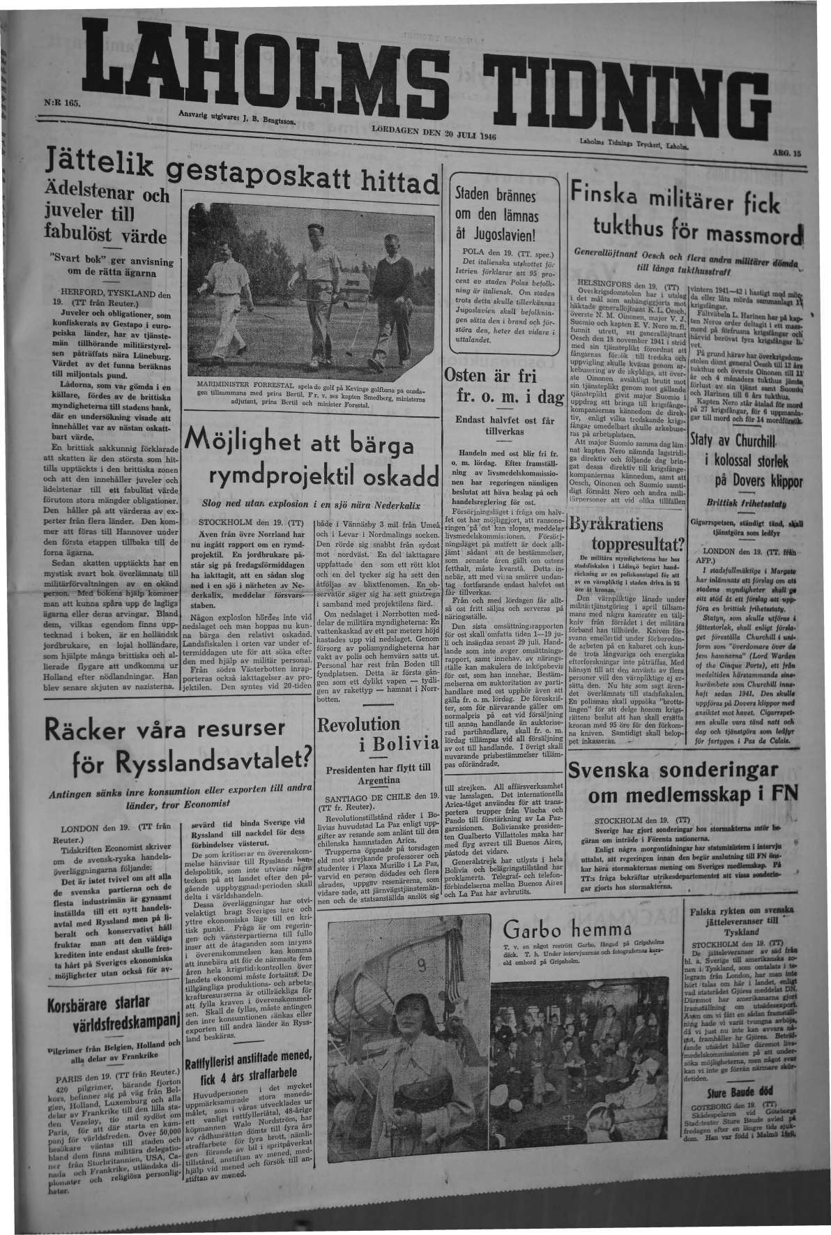 Laholms Tidning Lördag 20 juli 1946, sida 1