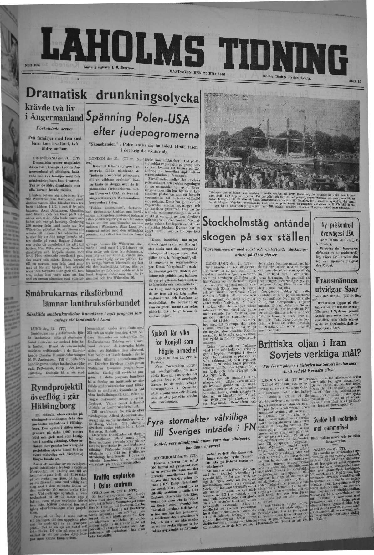 Laholms Tidning Måndag 22 juli 1946, sida 1