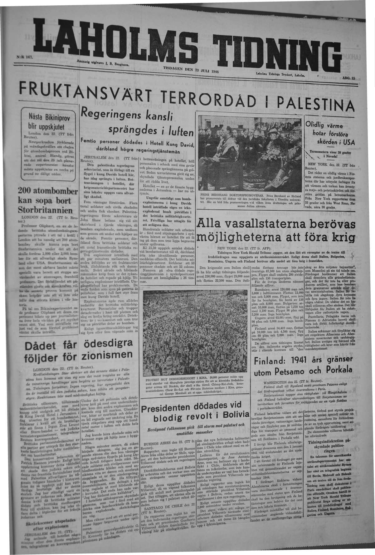 Laholms Tidning Tisdag 23 juli 1946, sida 1