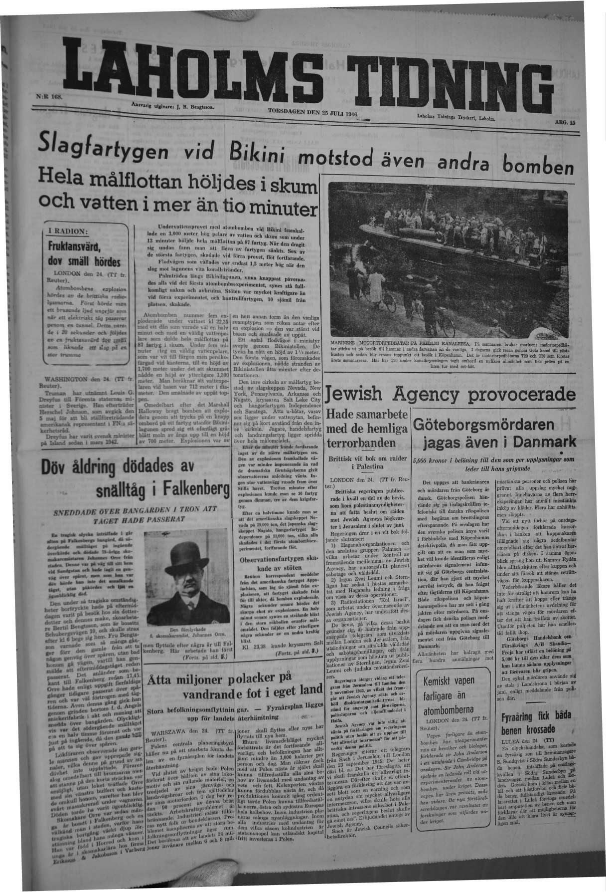 Laholms Tidning Torsdag 25 juli 1946, sida 1