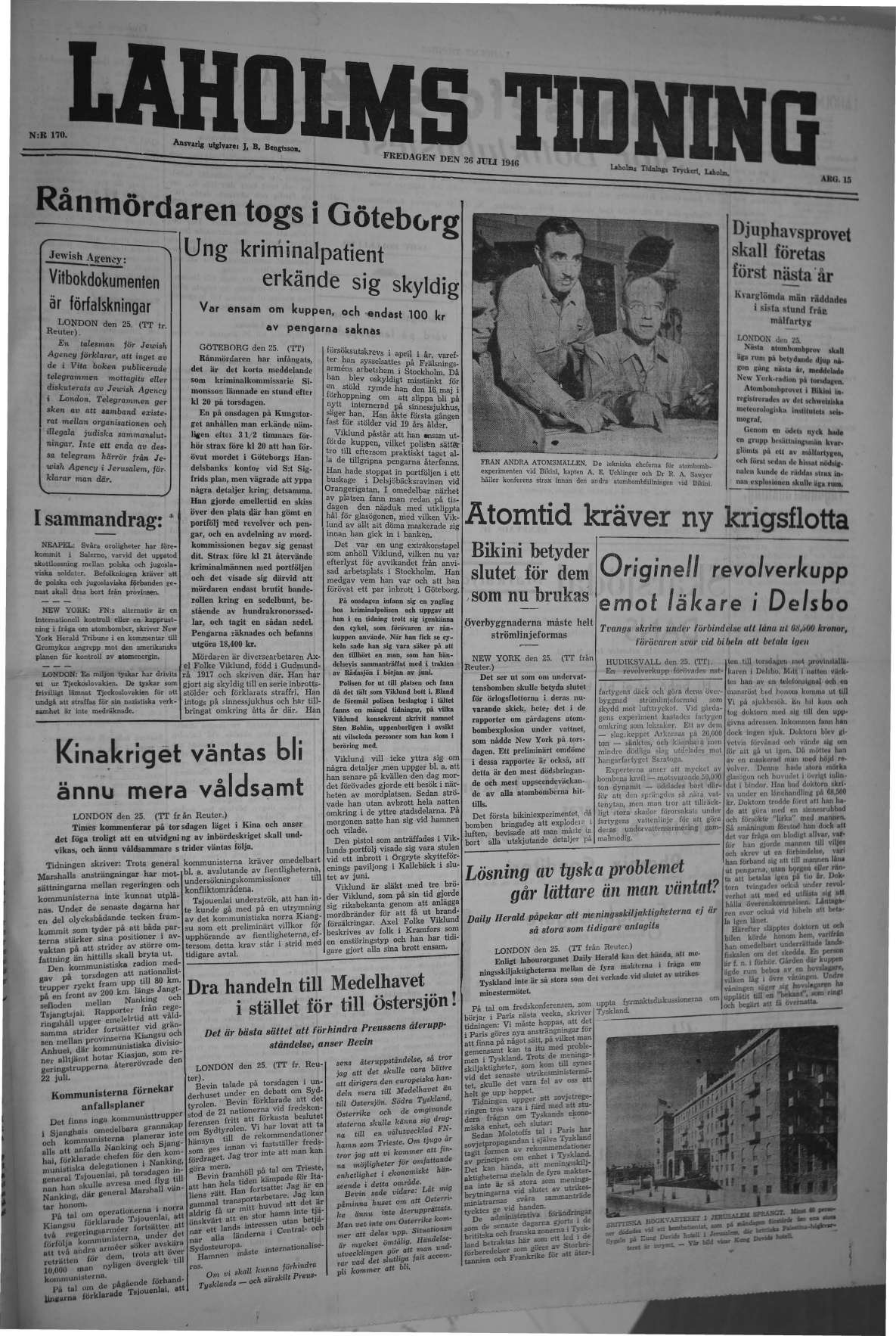 Laholms Tidning Fredag 26 juli 1946, sida 1