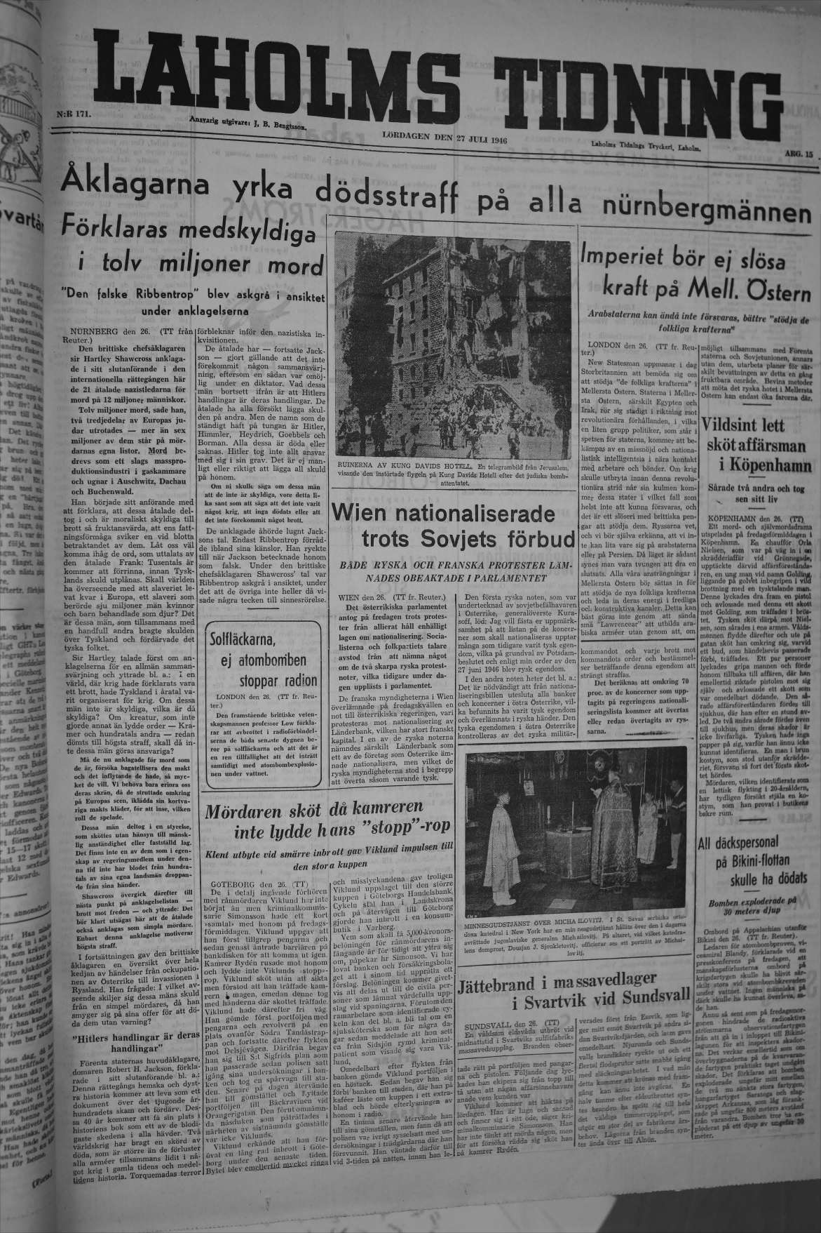 Laholms Tidning Lördag 27 juli 1946, sida 1