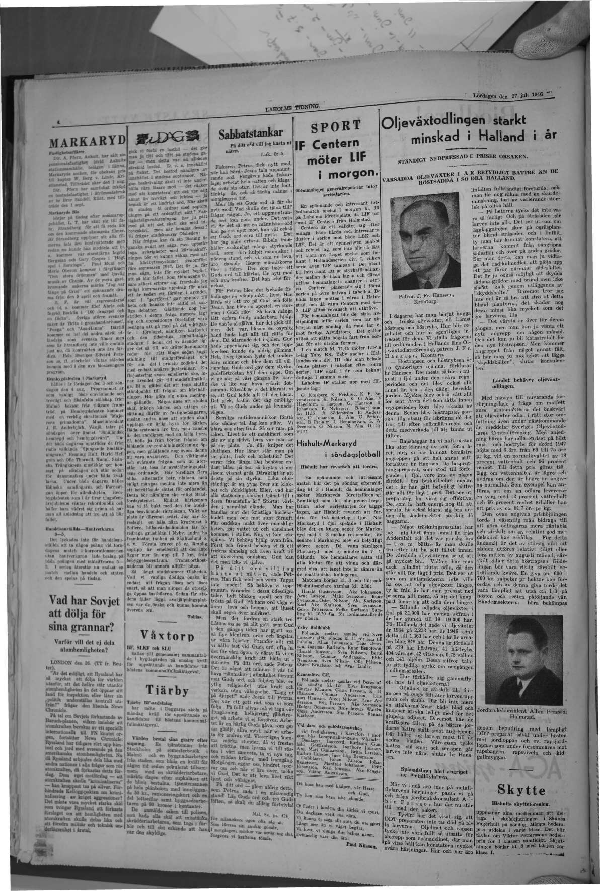 Laholms Tidning Lördag 27 juli 1946, sida 3