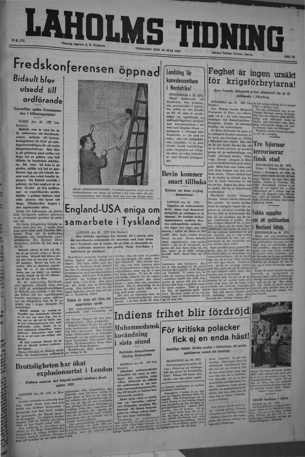 Laholms Tidning Tisdag 30 juli 1946, sida 1