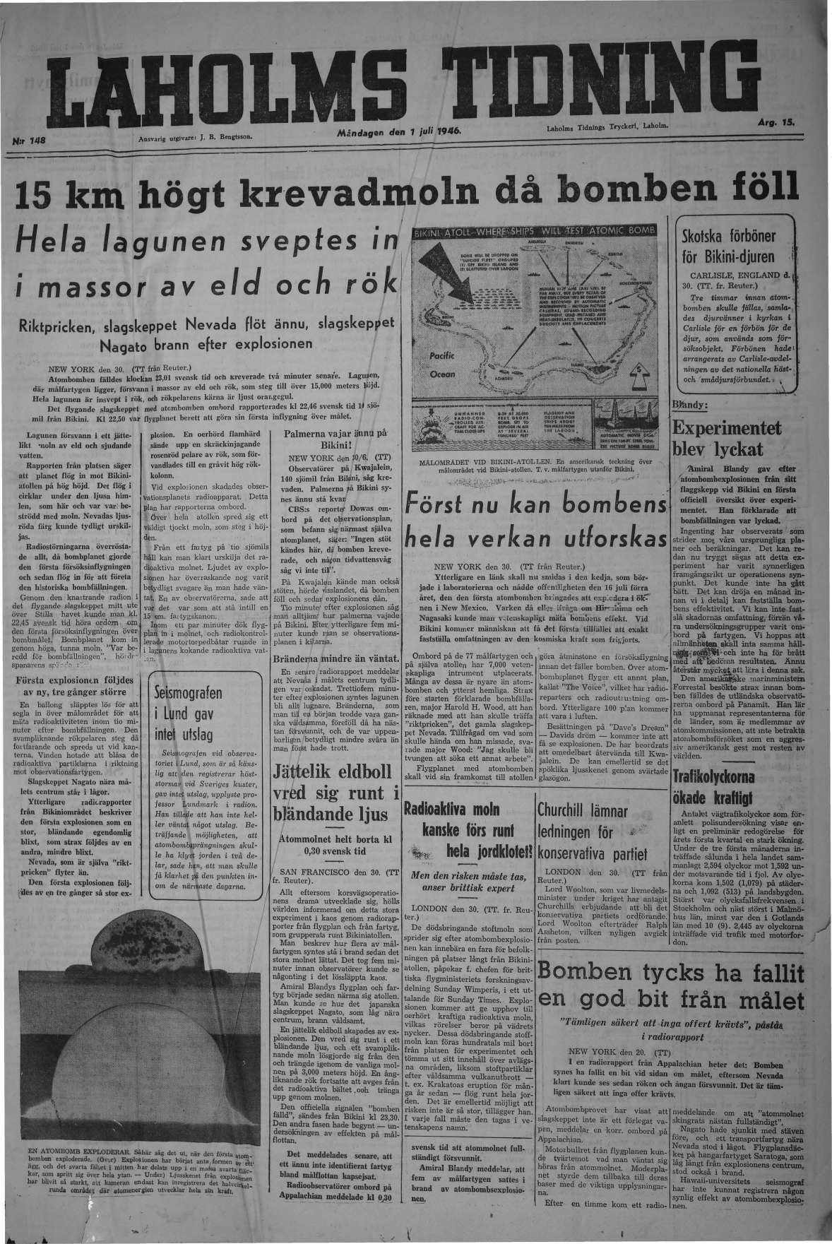 Laholms Tidning Måndag 1 juli 1946, sida 1