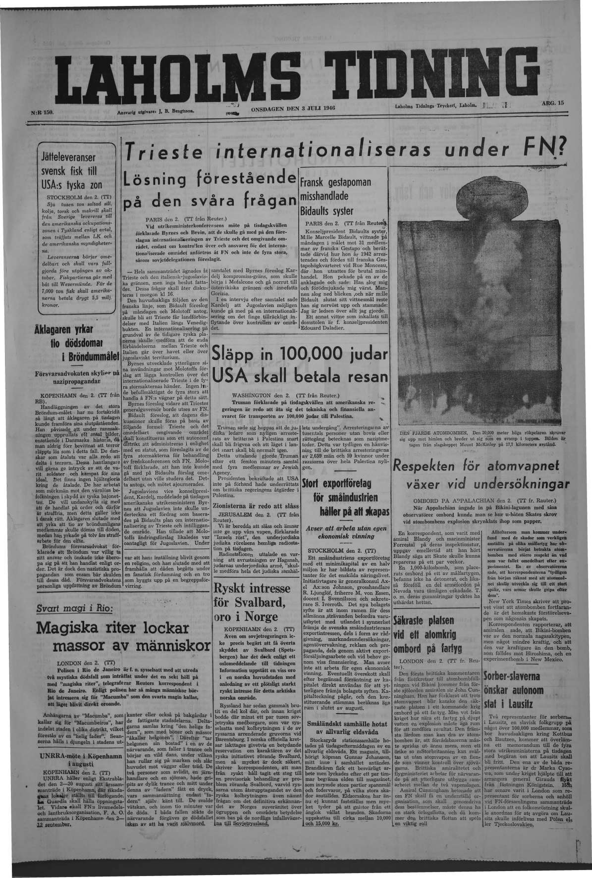Laholms Tidning Onsdag 3 juli 1946, sida 1