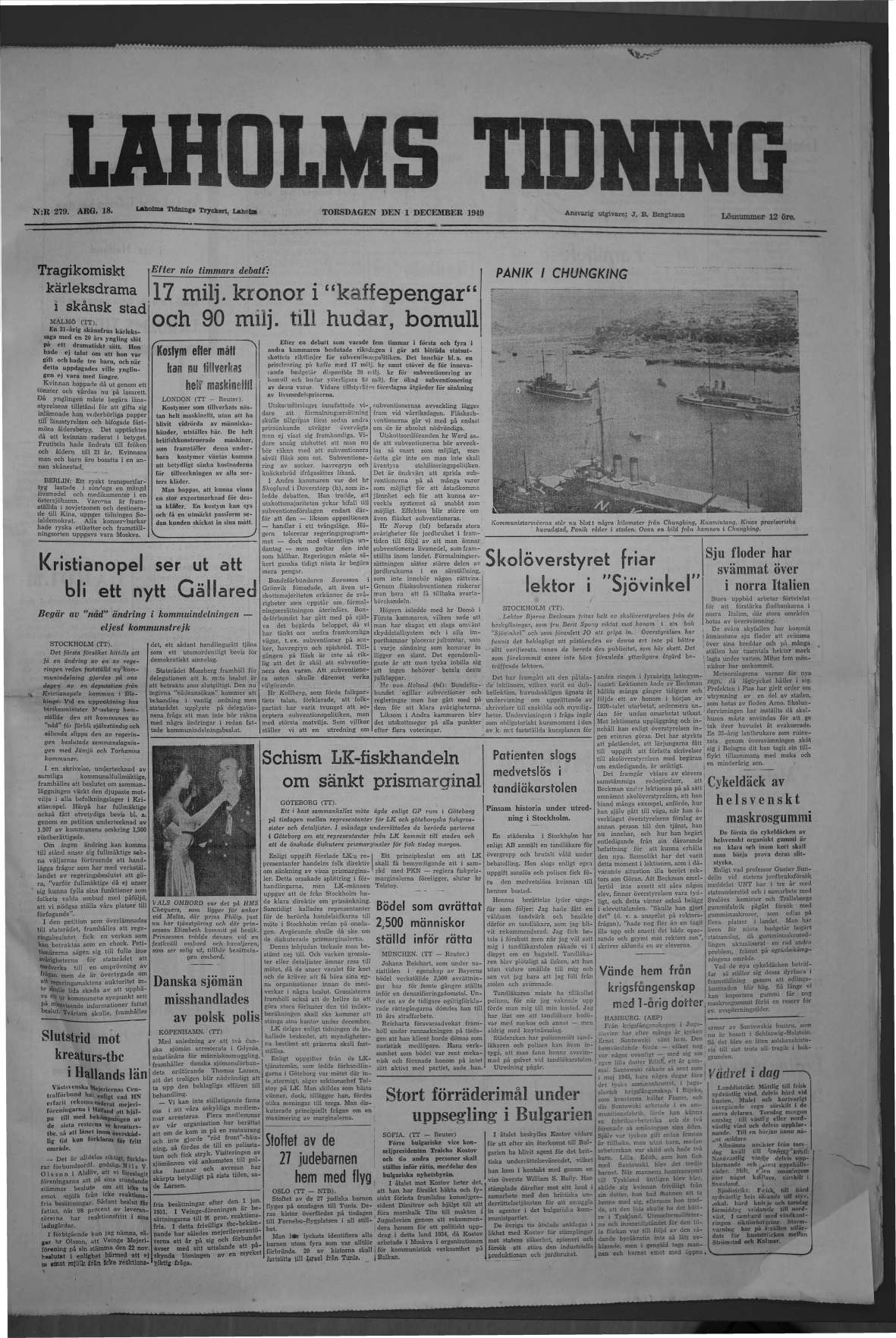 Laholms Tidning Torsdag 1 december 1949, sida 1