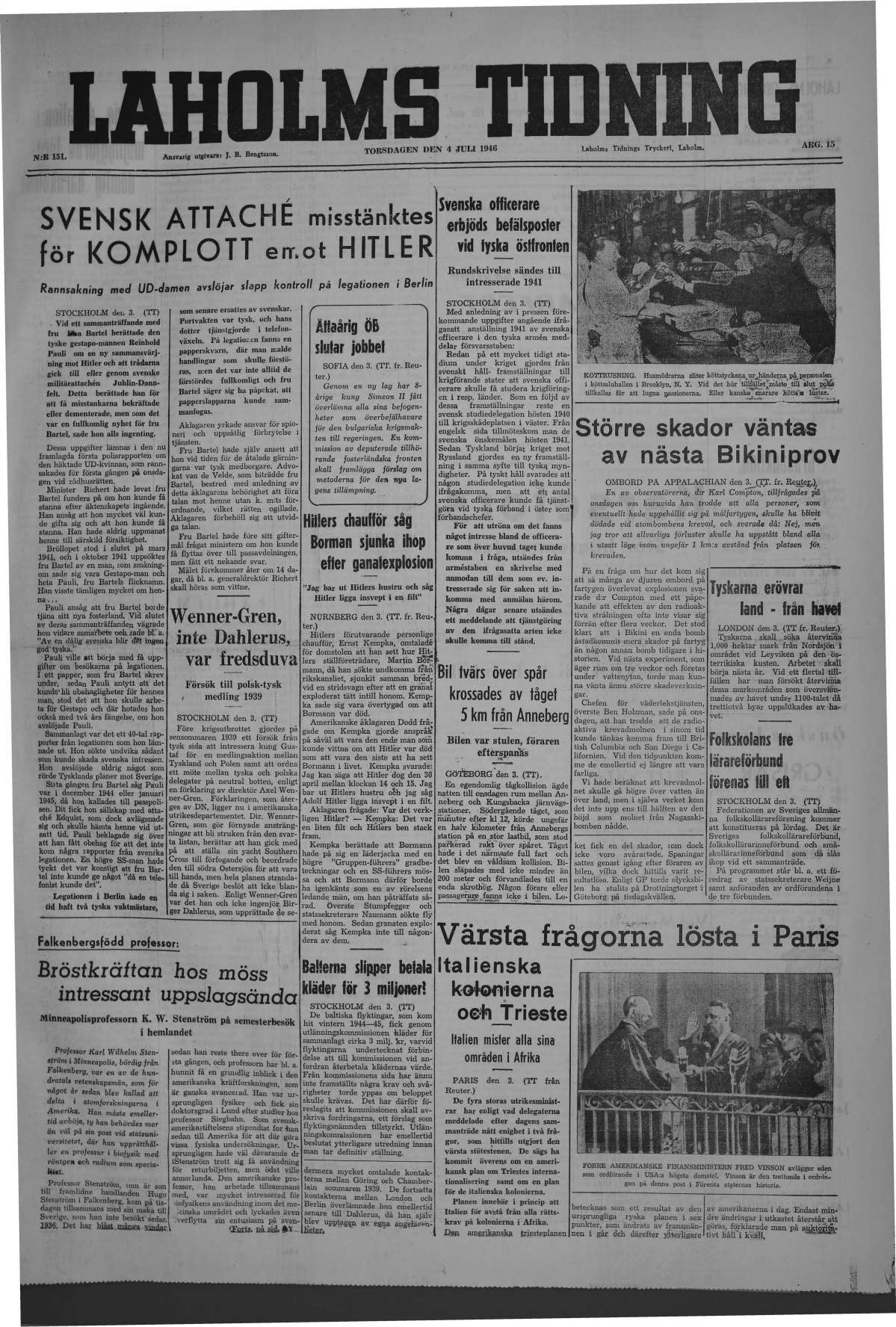 Laholms Tidning Torsdag 4 juli 1946, sida 1