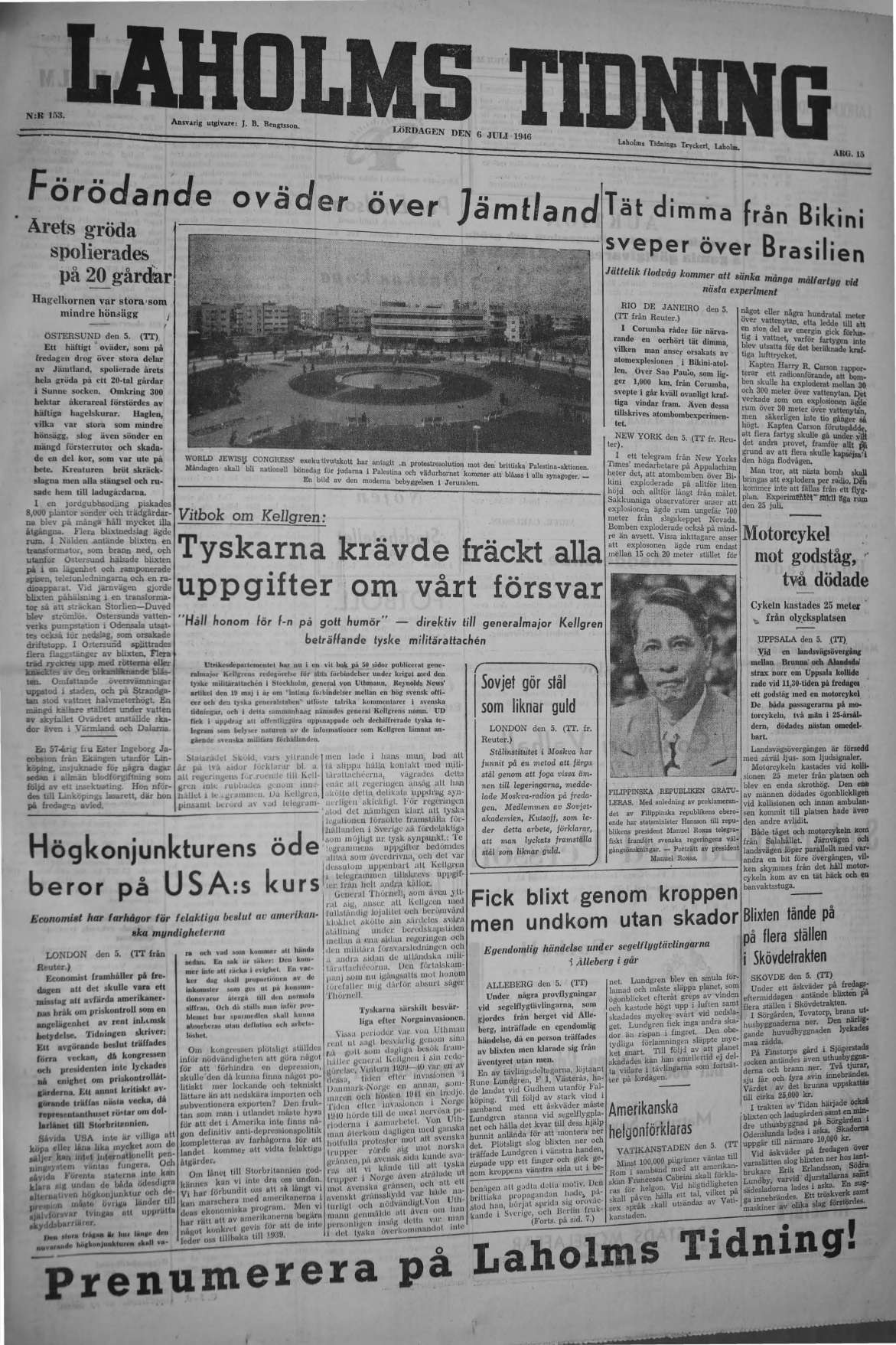Laholms Tidning Lördag 6 juli 1946, sida 1