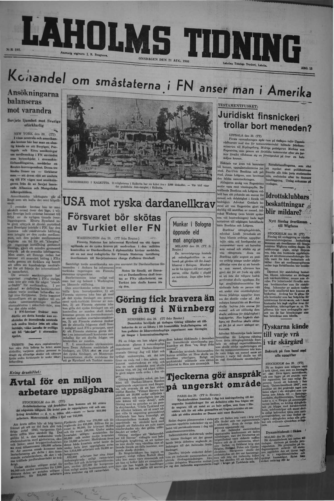 Laholms Tidning Onsdag 21 augusti 1946, sida 1