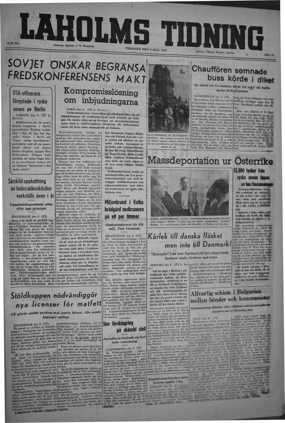 Laholms Tidning Tisdag 9 juli 1946, sida 1