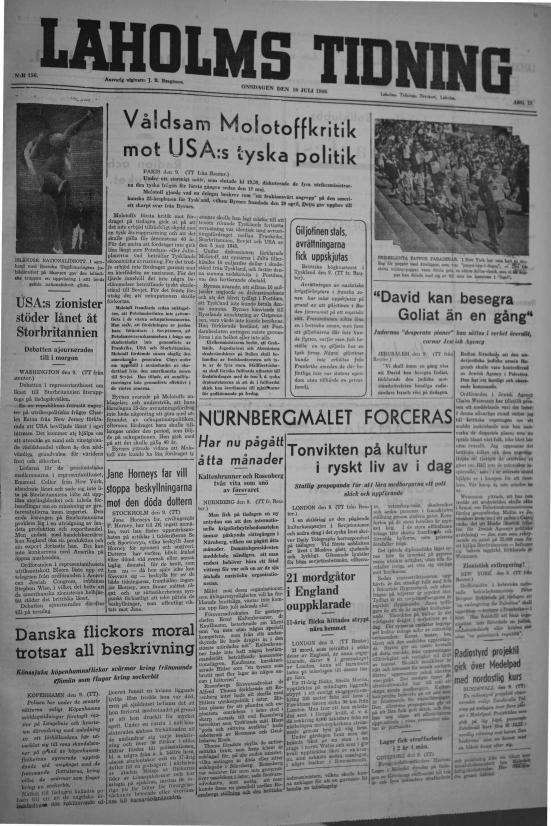 Laholms Tidning Onsdag 10 juli 1946, sida 1