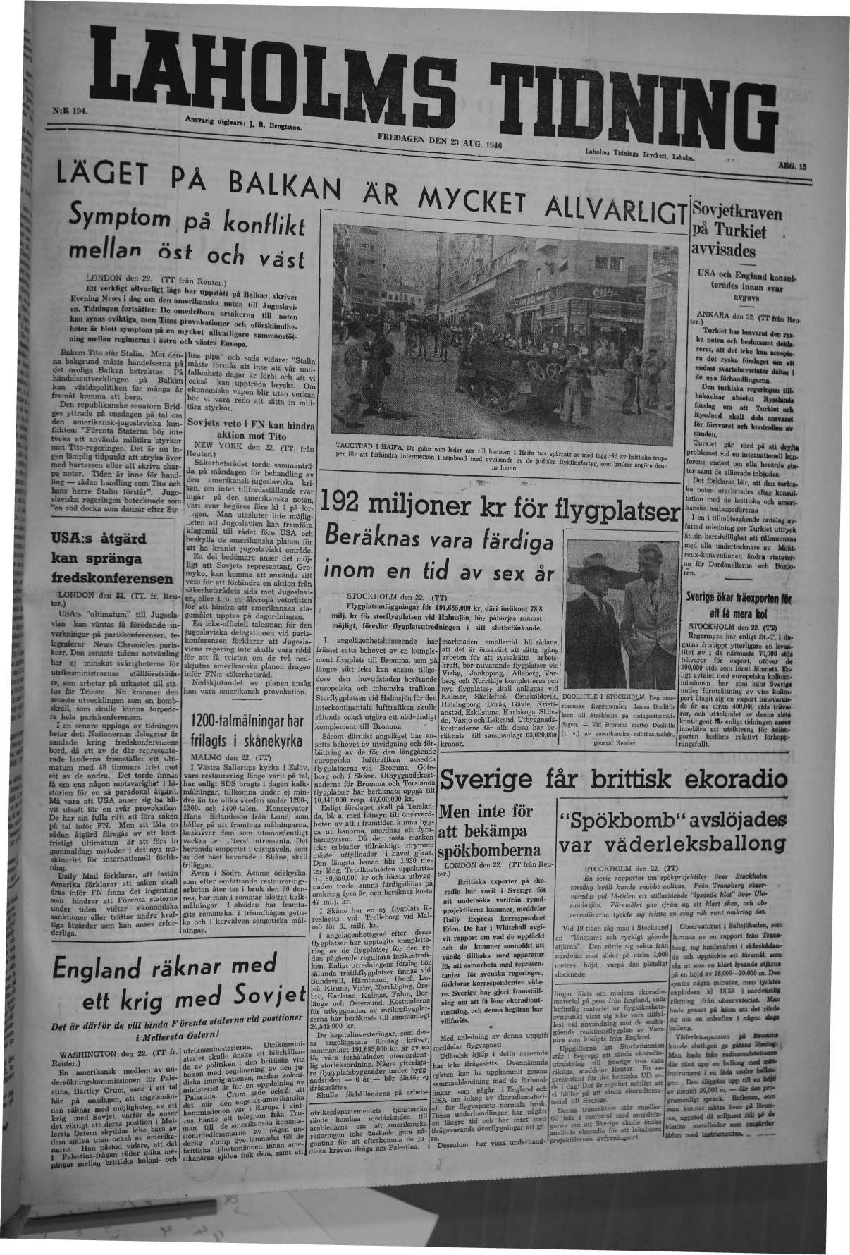 Laholms Tidning Fredag 23 augusti 1946, sida 1