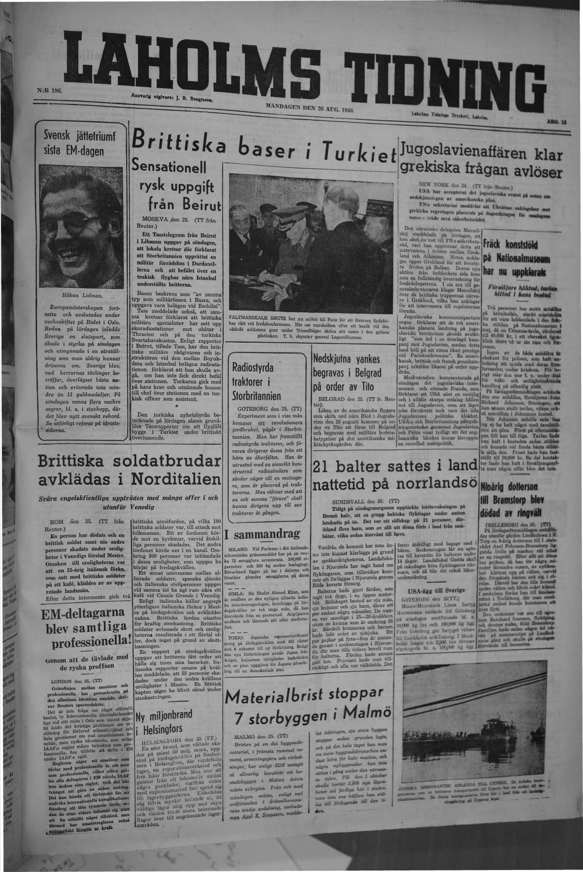 Laholms Tidning Måndag 26 augusti 1946, sida 1