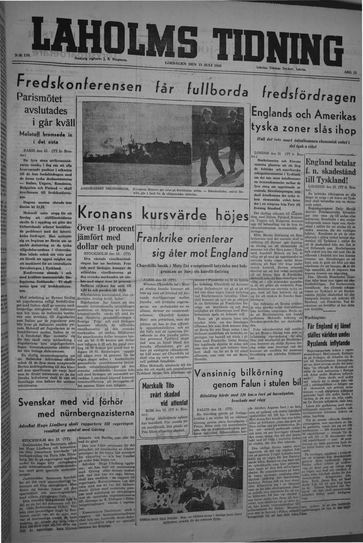 Laholms Tidning Lördag 13 juli 1946, sida 1