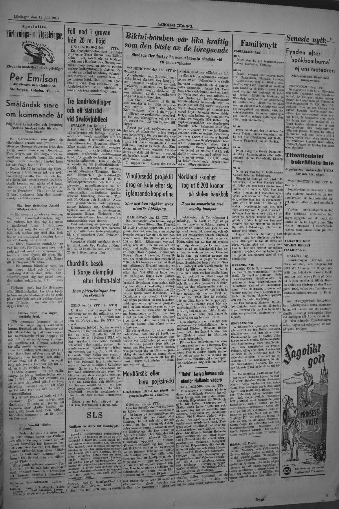 Laholms Tidning Lördag 13 juli 1946, sida 3
