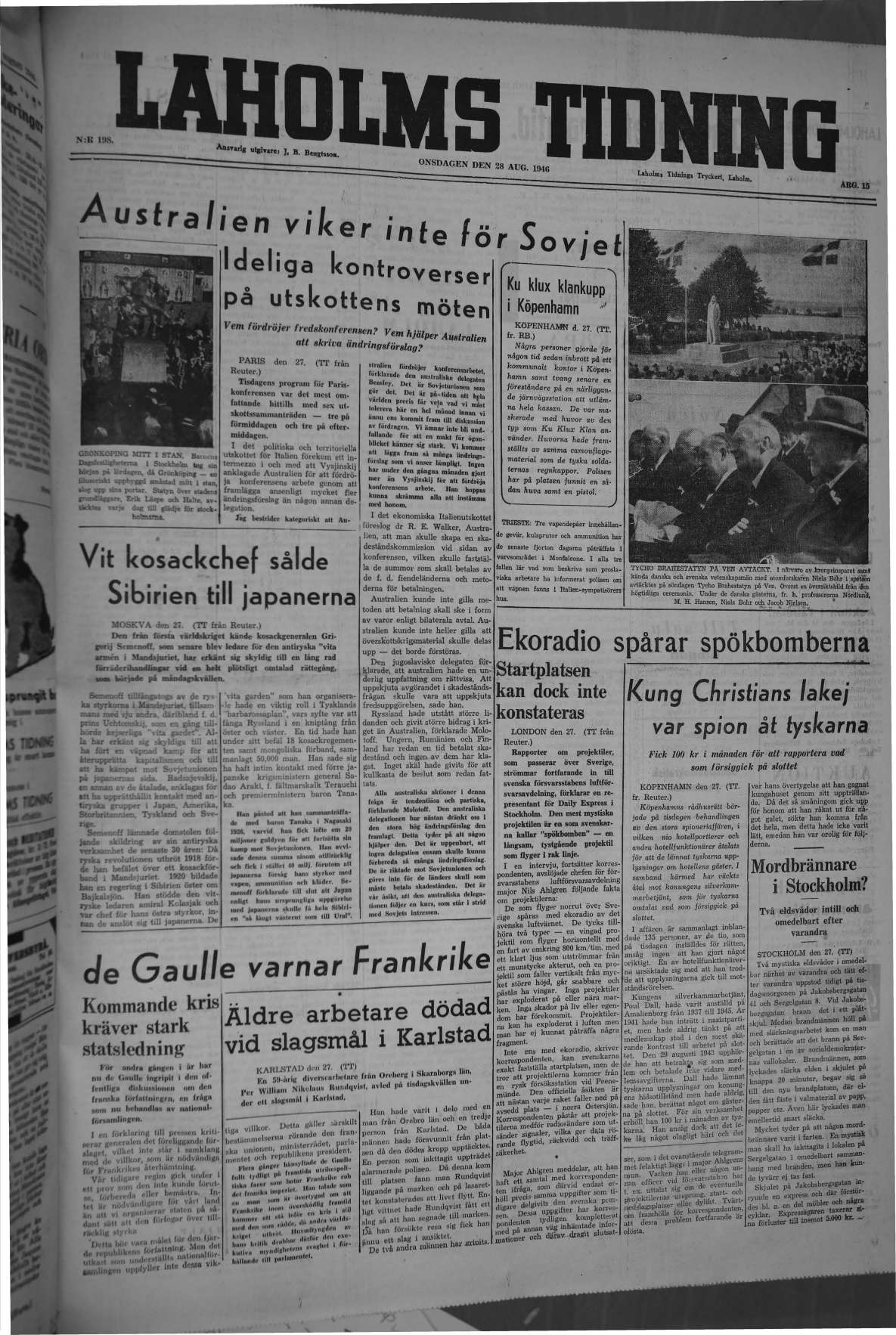 Laholms Tidning Onsdag 28 augusti 1946, sida 1