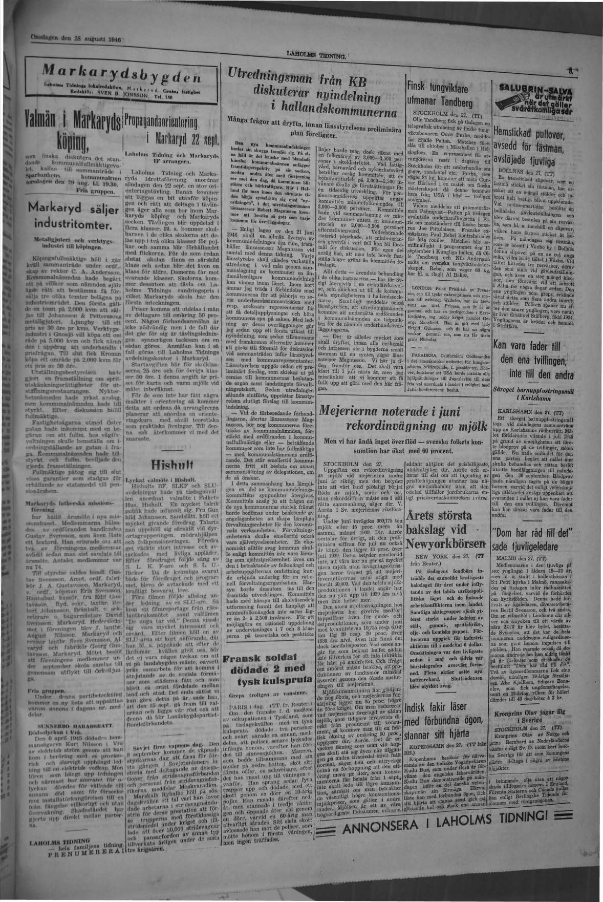 Laholms Tidning Onsdag 28 augusti 1946, sida 5