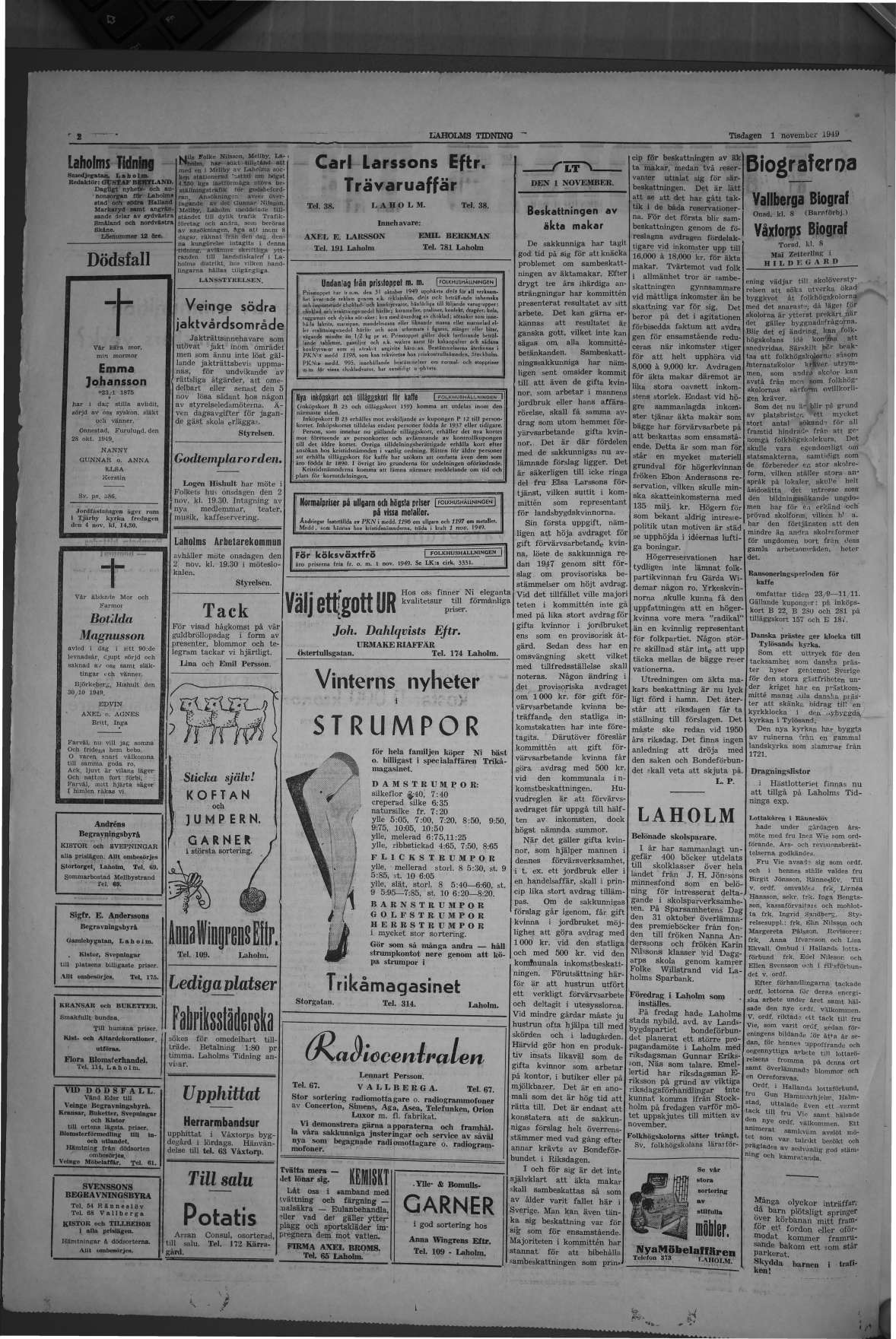 Laholms Tidning Tisdag 1 november 1949, sida 2