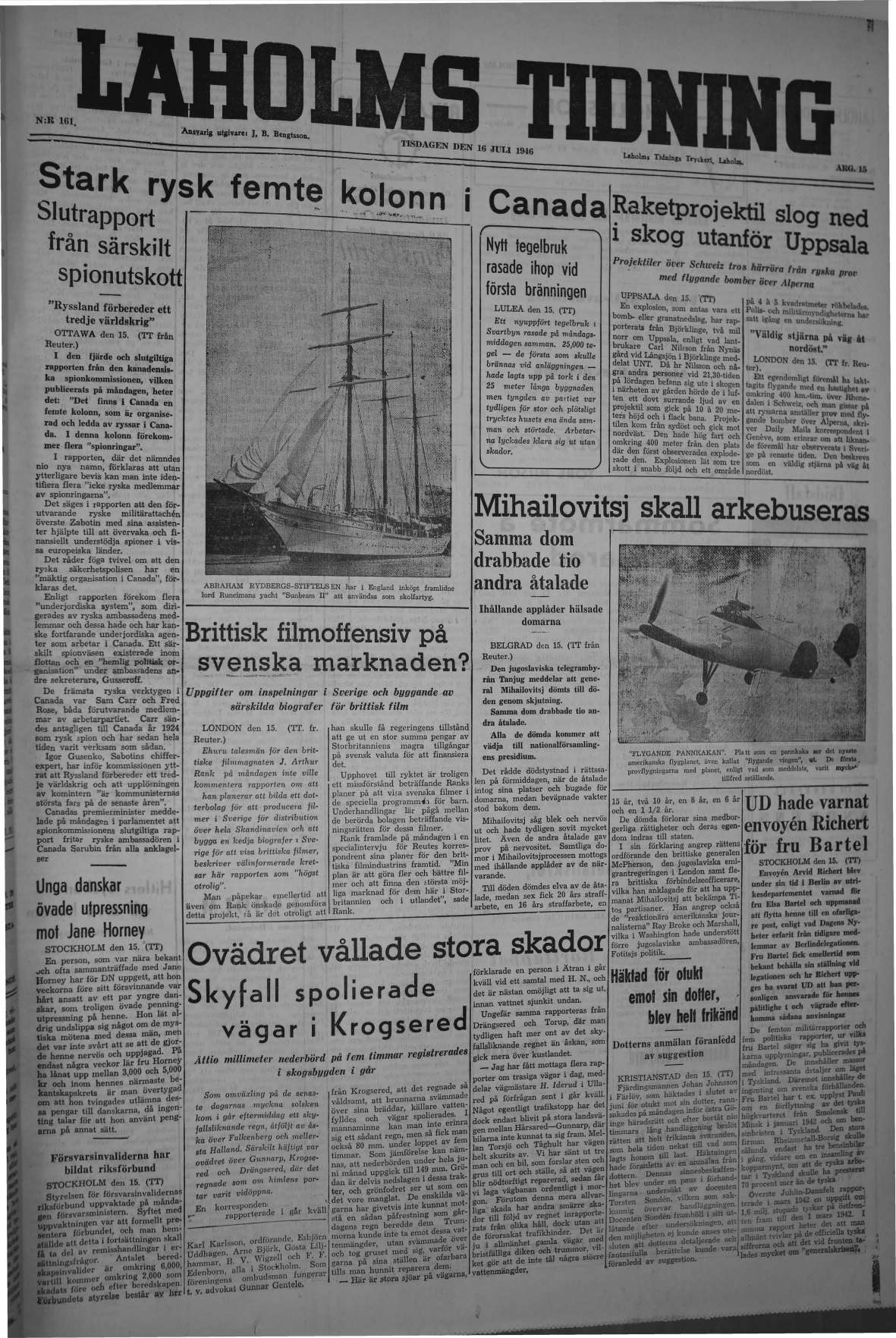 Laholms Tidning Tisdag 16 juli 1946, sida 1