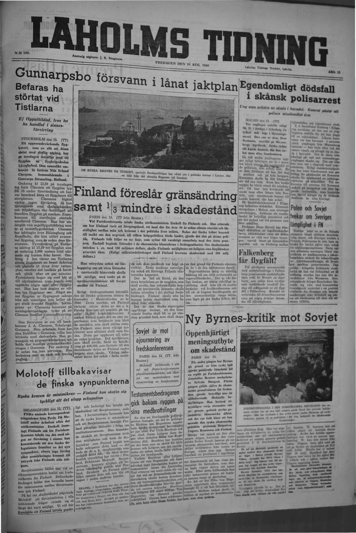 Laholms Tidning Fredag 16 augusti 1946, sida 1