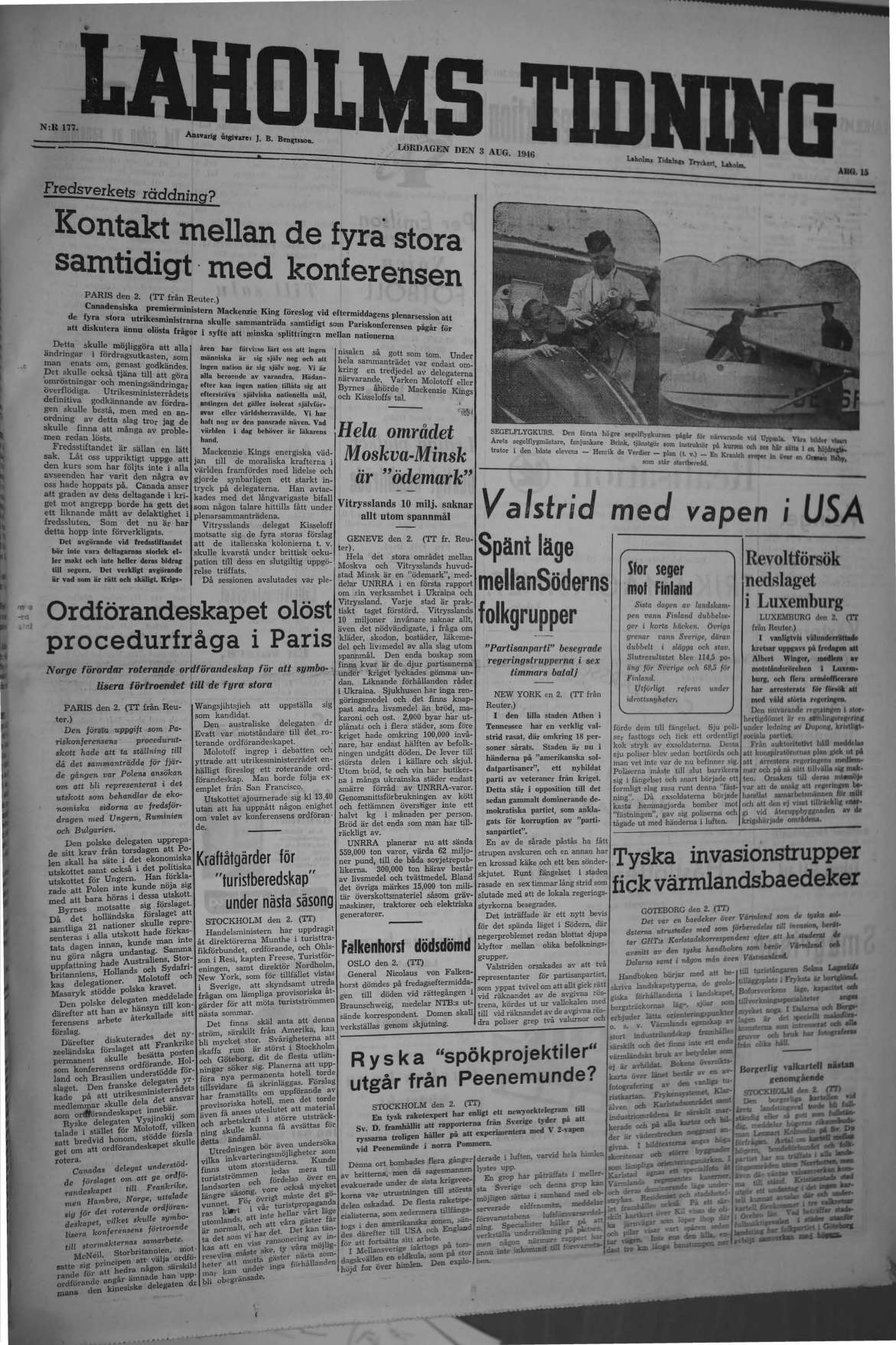 Laholms Tidning Lördag 3 augusti 1946, sida 1