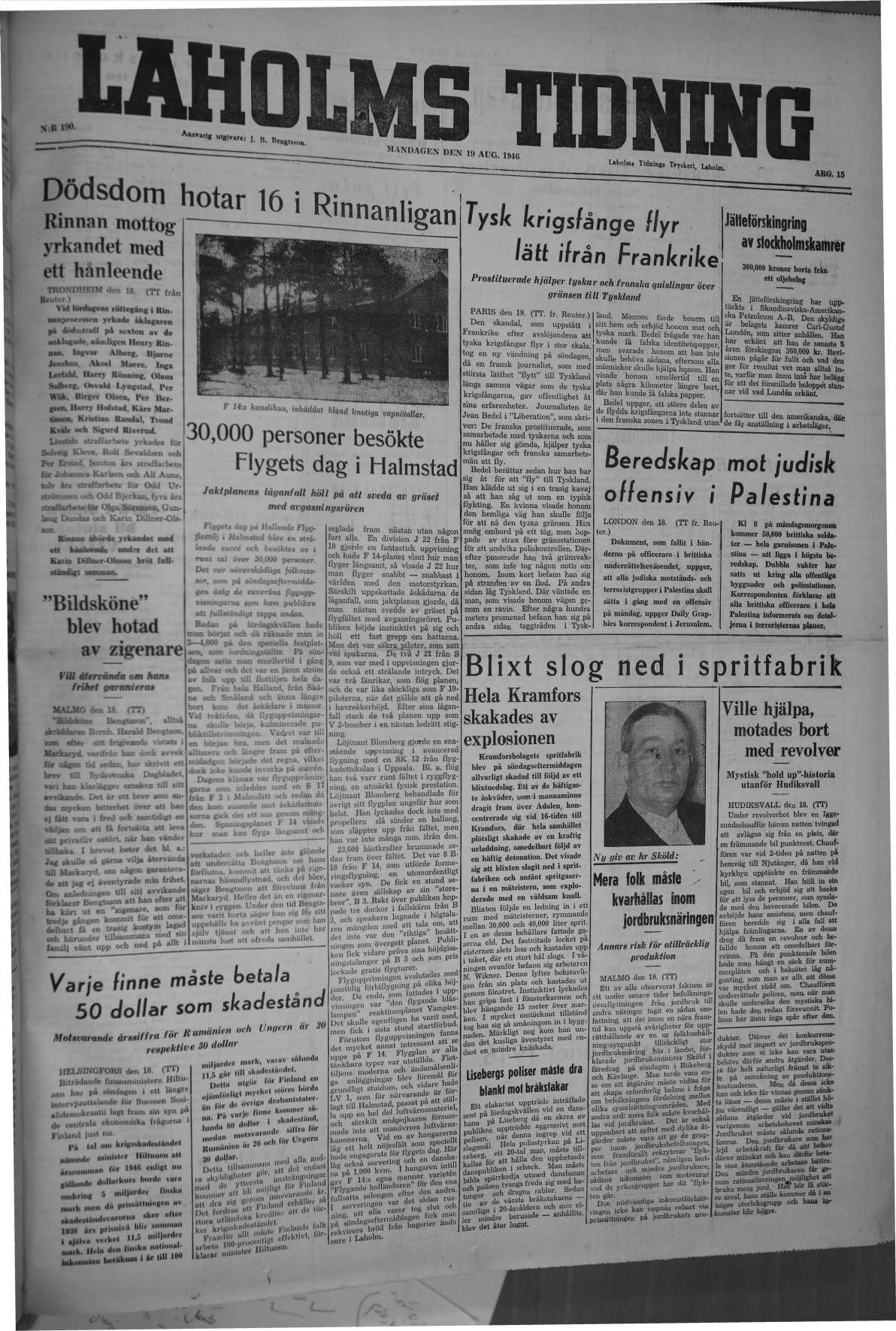 Laholms Tidning Måndag 19 augusti 1946, sida 1