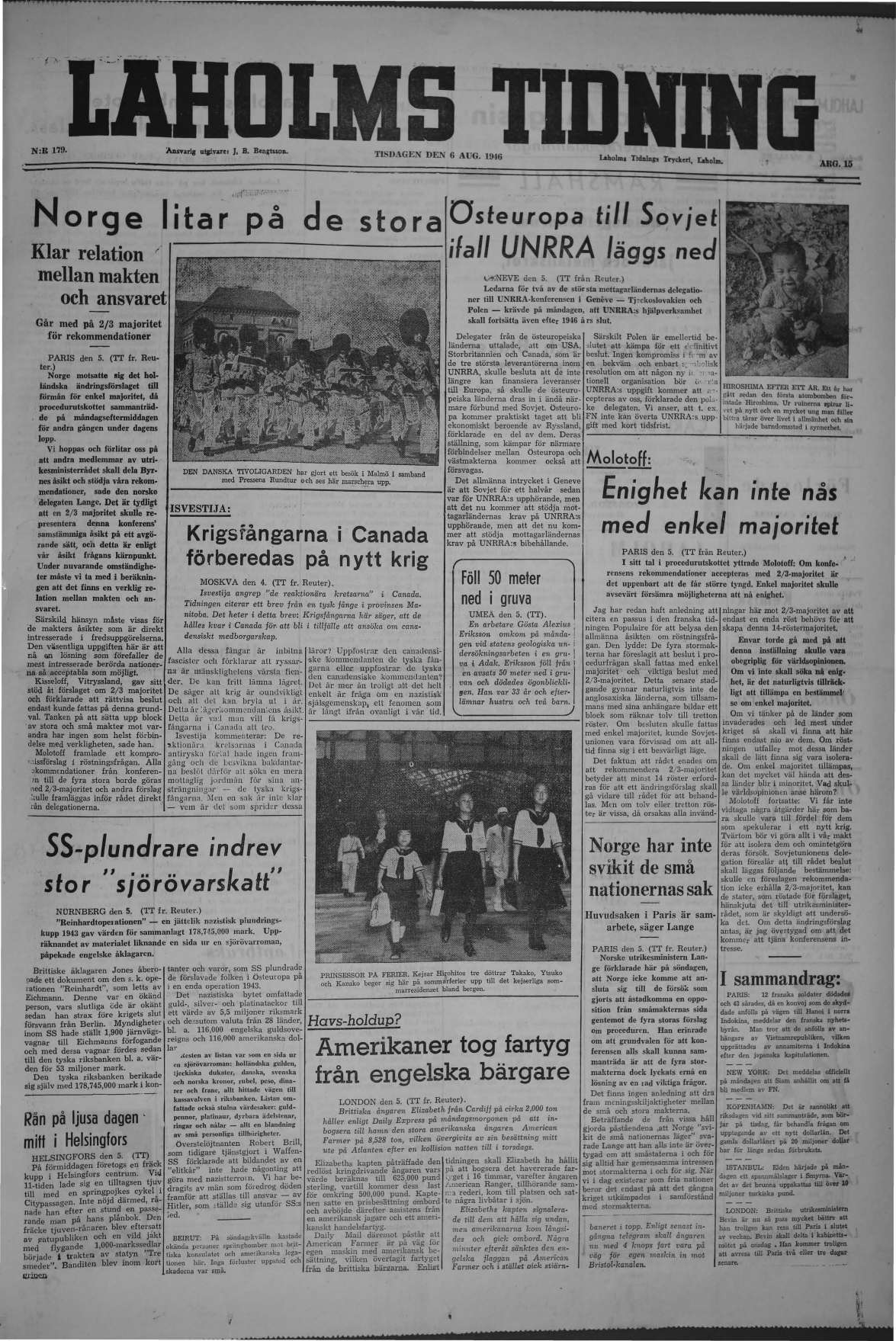 Laholms Tidning Tisdag 6 augusti 1946, sida 1