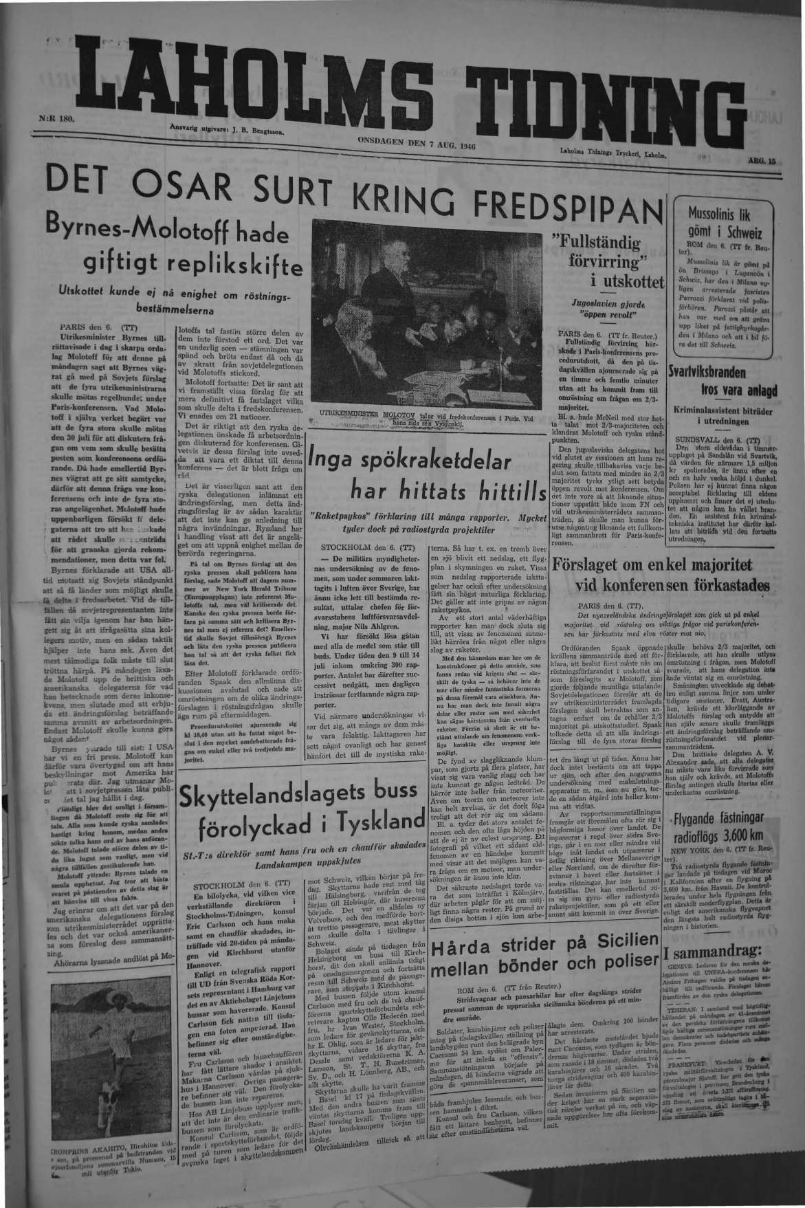 Laholms Tidning Onsdag 7 augusti 1946, sida 1