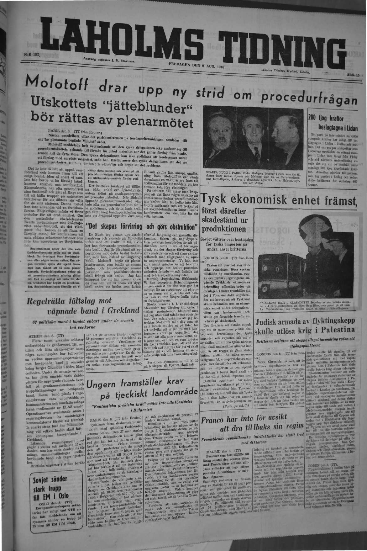 Laholms Tidning Fredag 9 augusti 1946, sida 1