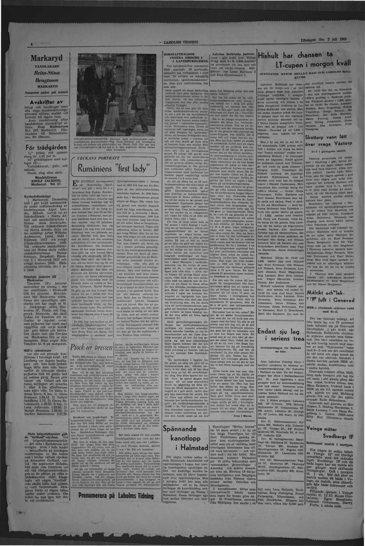 Laholms Tidning Lördag 2 juli 1949, sida 4