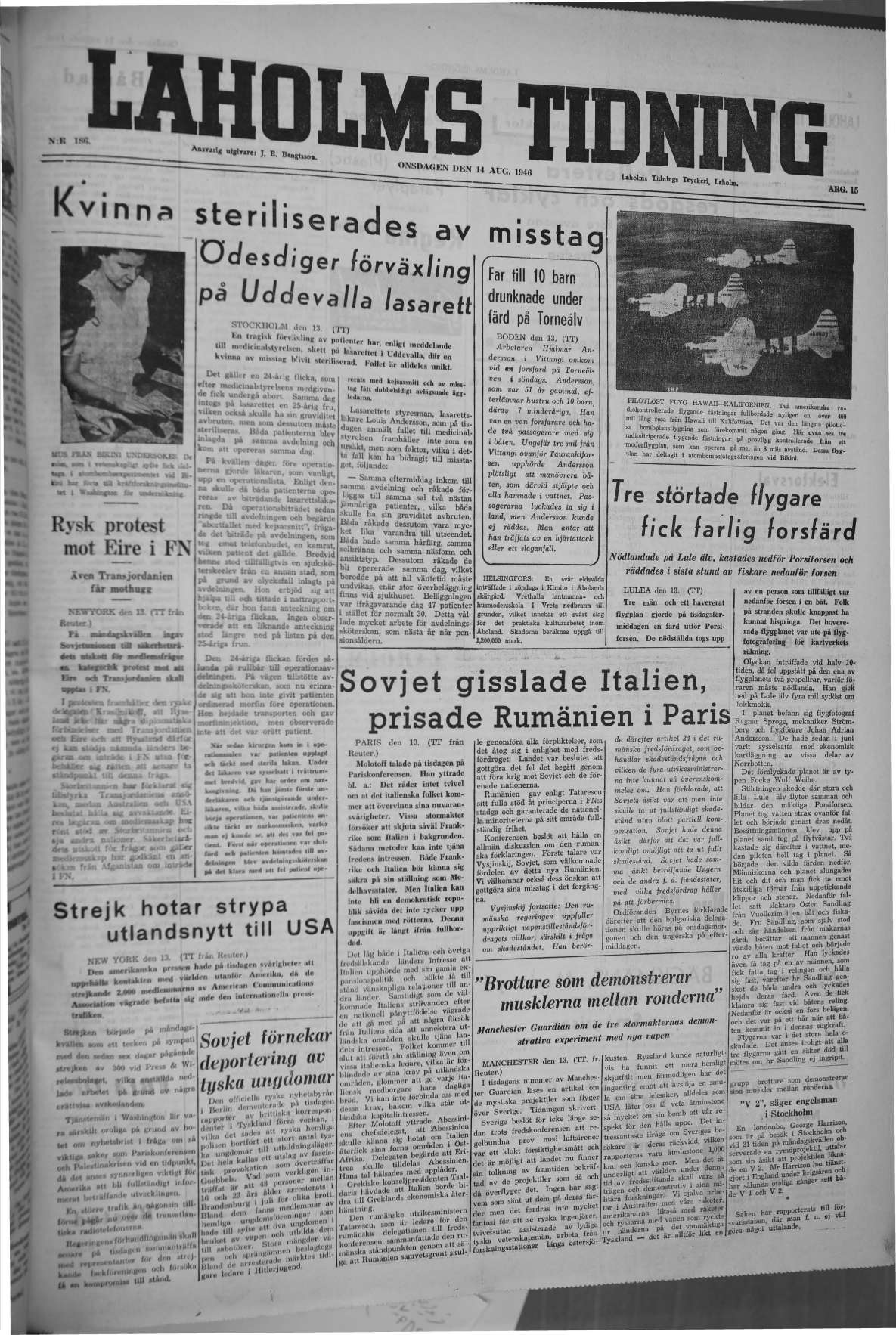 Laholms Tidning Onsdag 14 augusti 1946, sida 1
