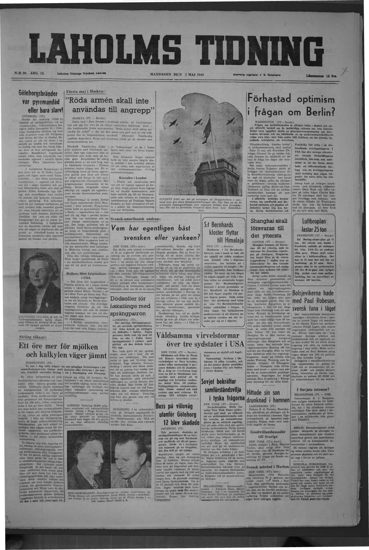 Laholms Tidning Måndag 2 maj 1949, sida 1