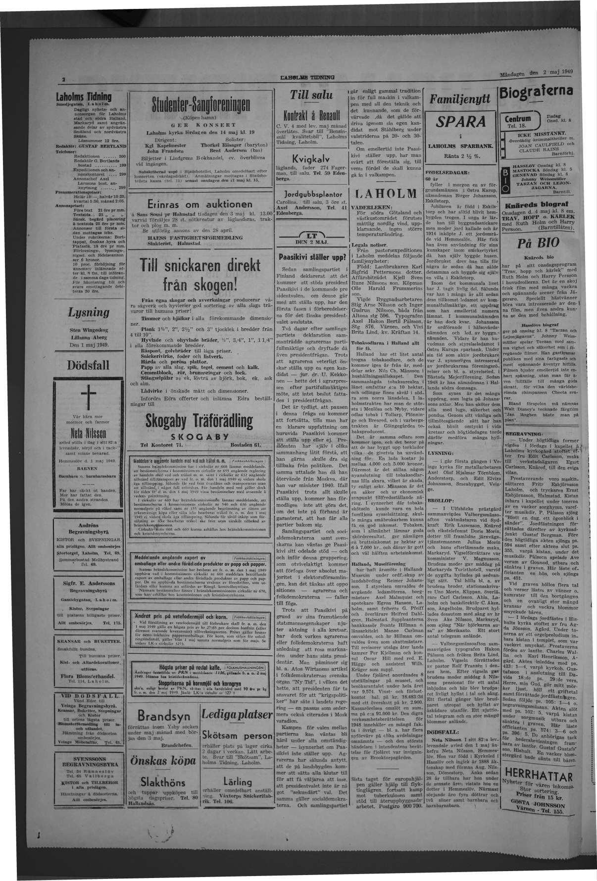 Laholms Tidning Måndag 2 maj 1949, sida 2