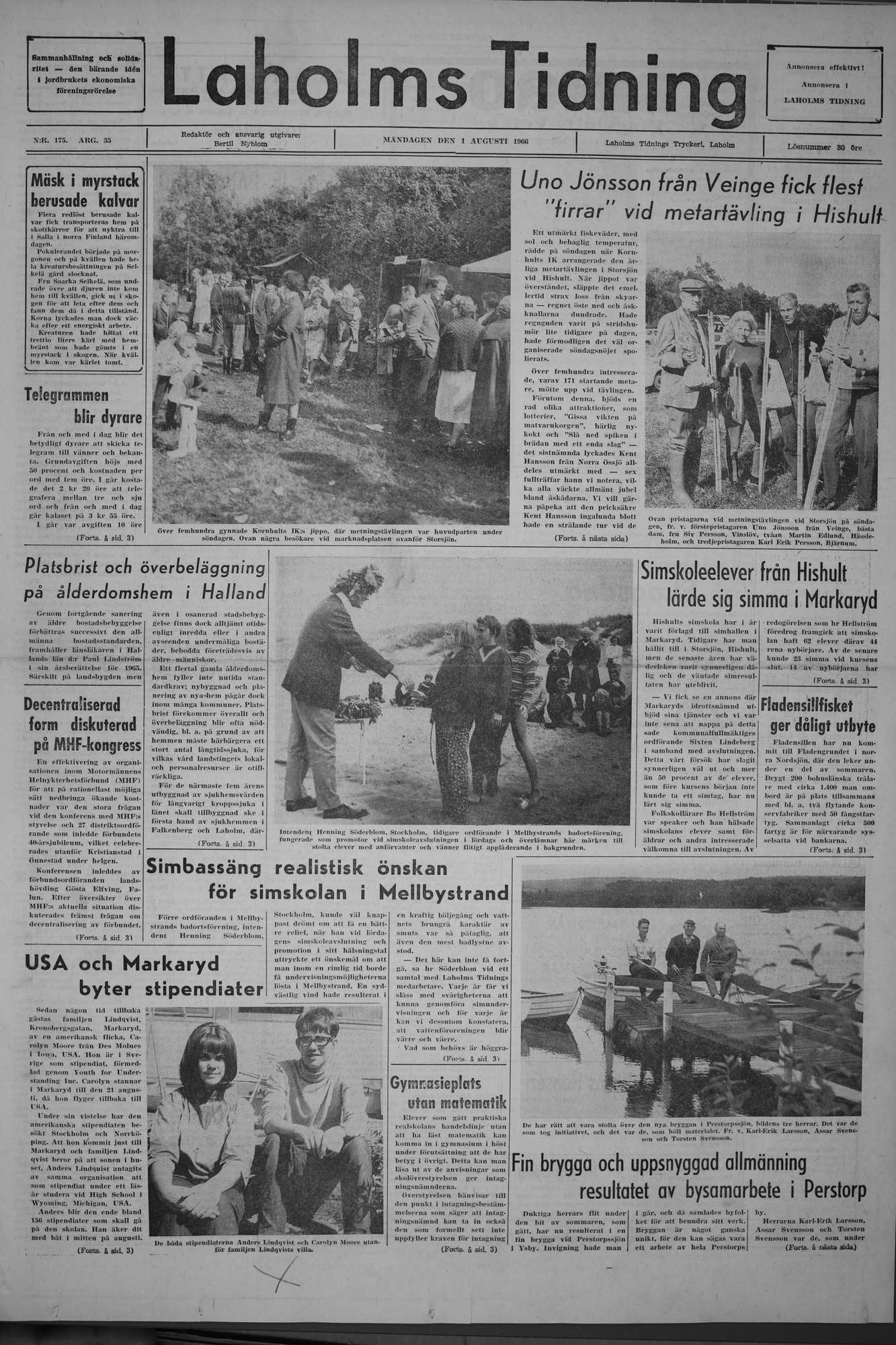 Laholms Tidning Måndag 1 augusti 1966, sida 1