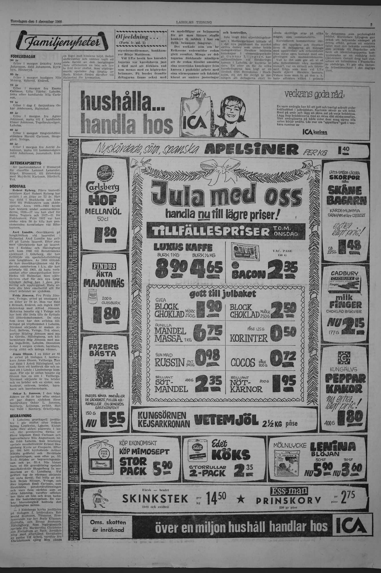 Laholms Tidning Torsdag 1 december 1966, sida 3